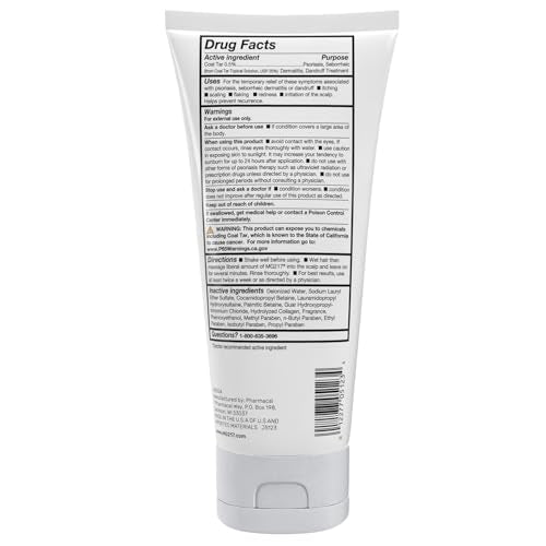 MG217 Psoriasis Shampoo Étiquette lisible indiquant le soin du cuir chevelu.
