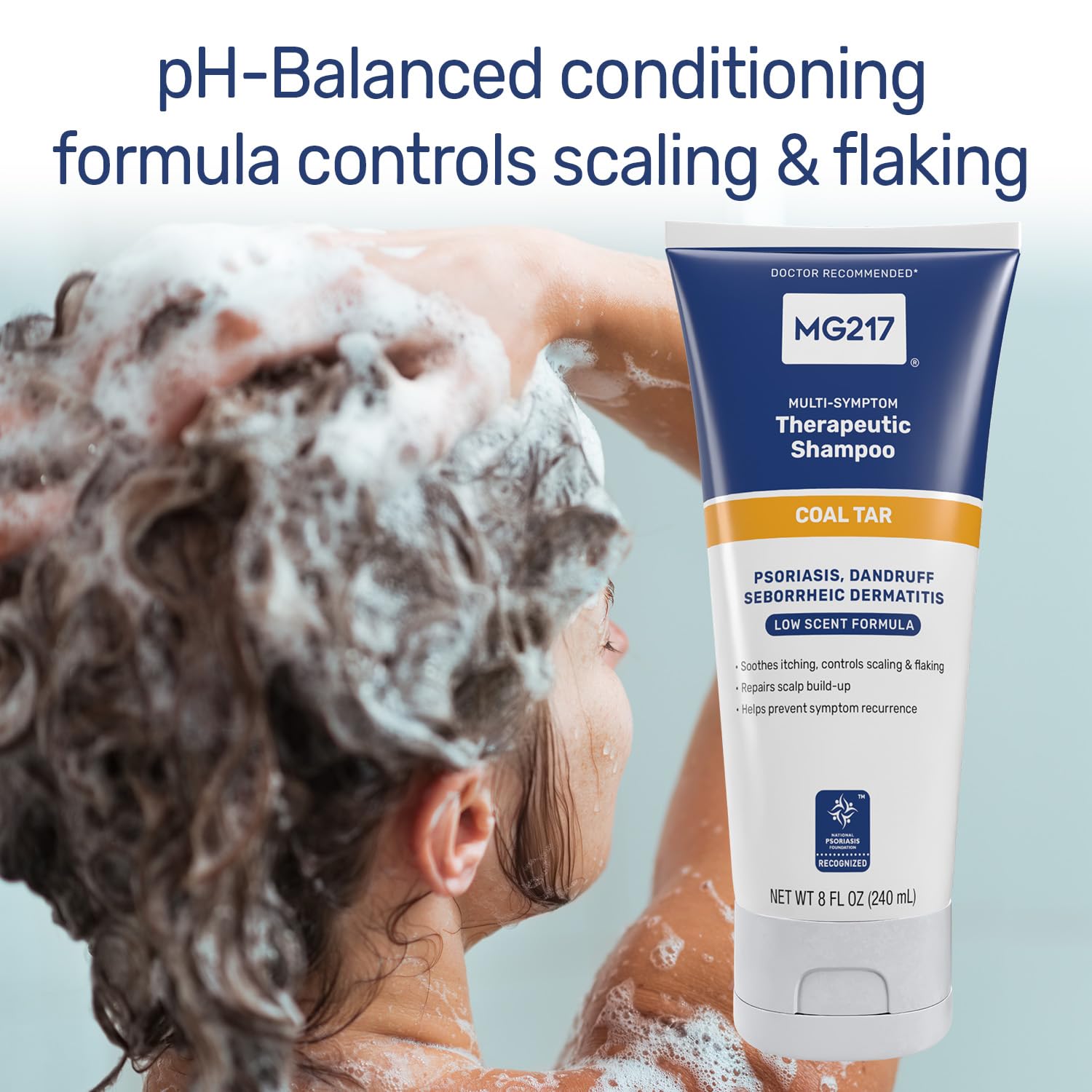 Mousse douce MG217 Psoriasis Shampoo pour un lavage sans agressivité.