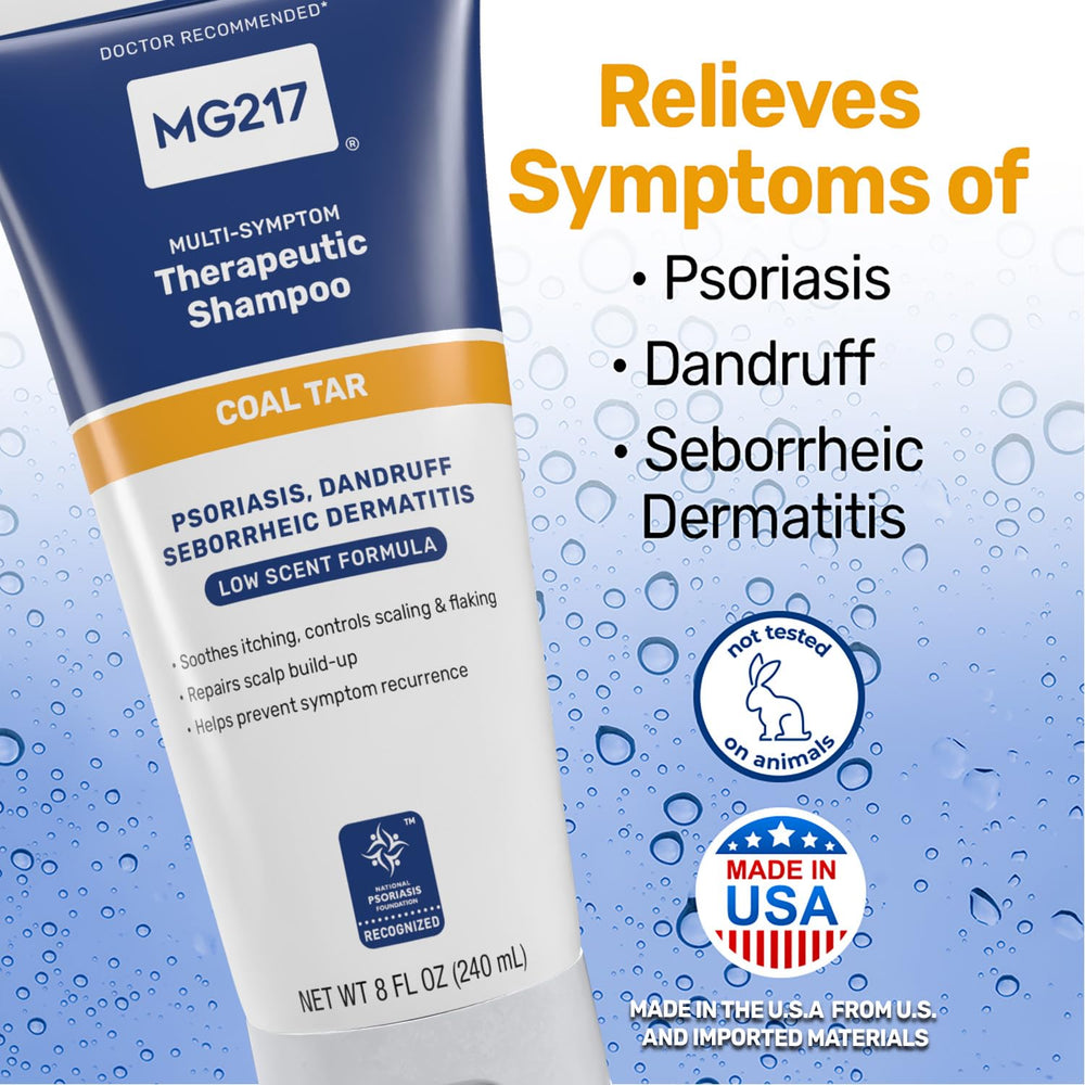 Emballage MG217 Psoriasis Shampoo en boîte, rangement pratique.