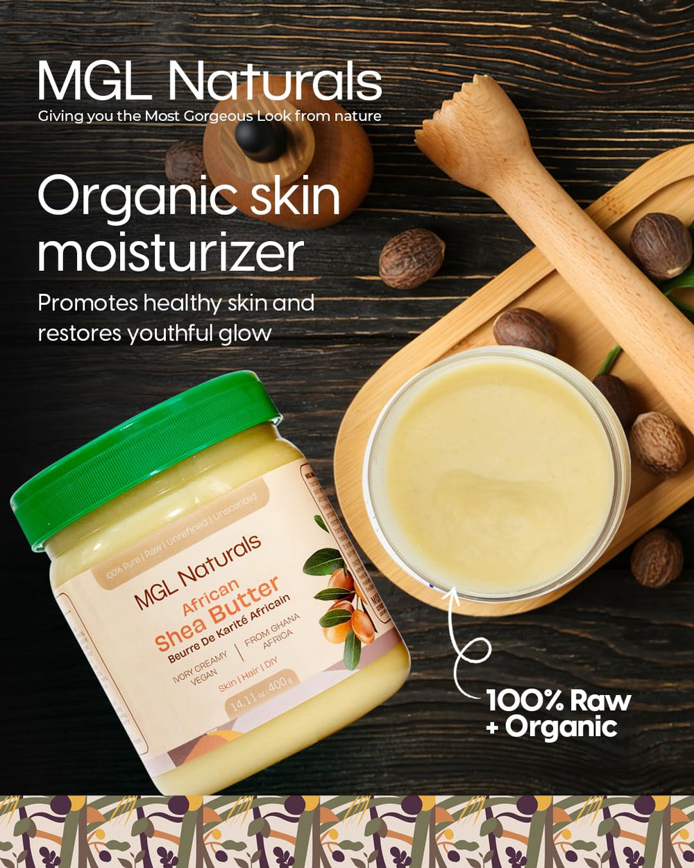 MGL Naturals Beurre de karité brut ivoire pour peau hydratée et souple.