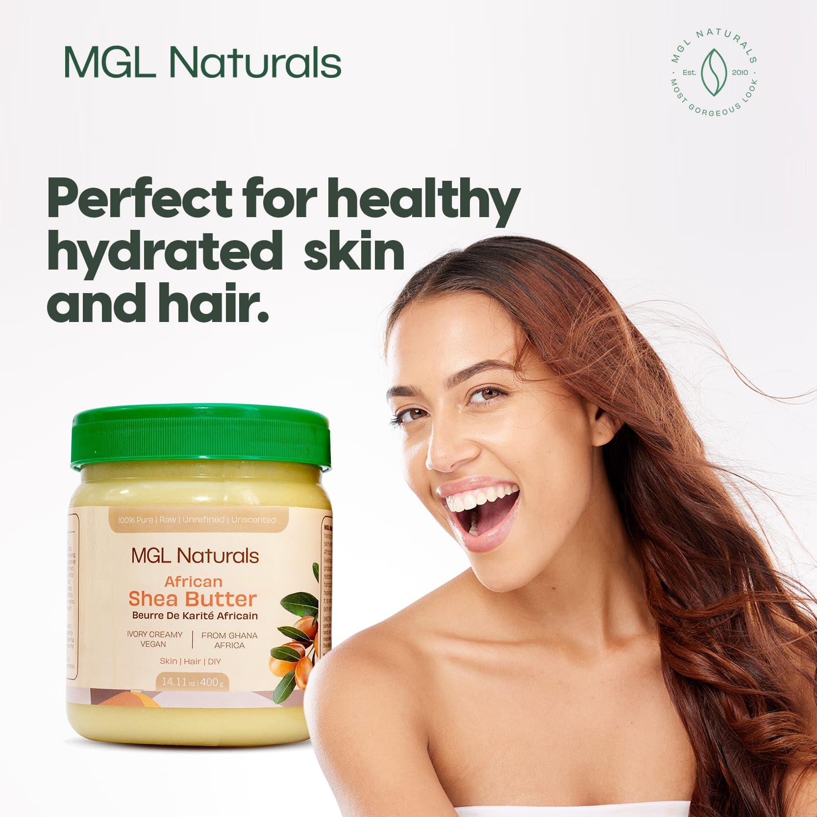 MGL Naturals Beurre de karité brut ivoire, source durable au Ghana soutenant les femmes.