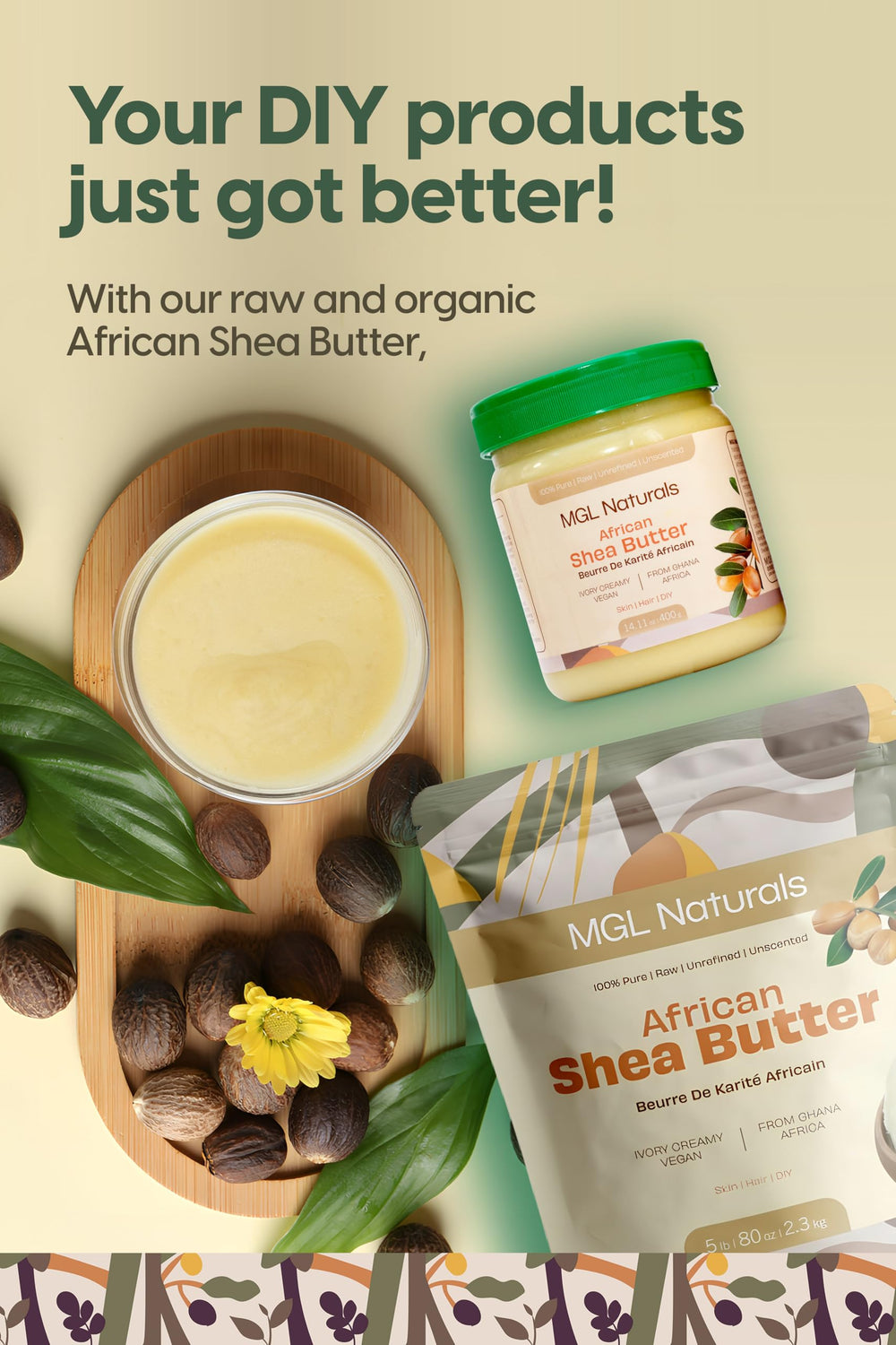 MGL Naturals Beurre de karité brut ivoire, convient à tous types de peau et cheveux.