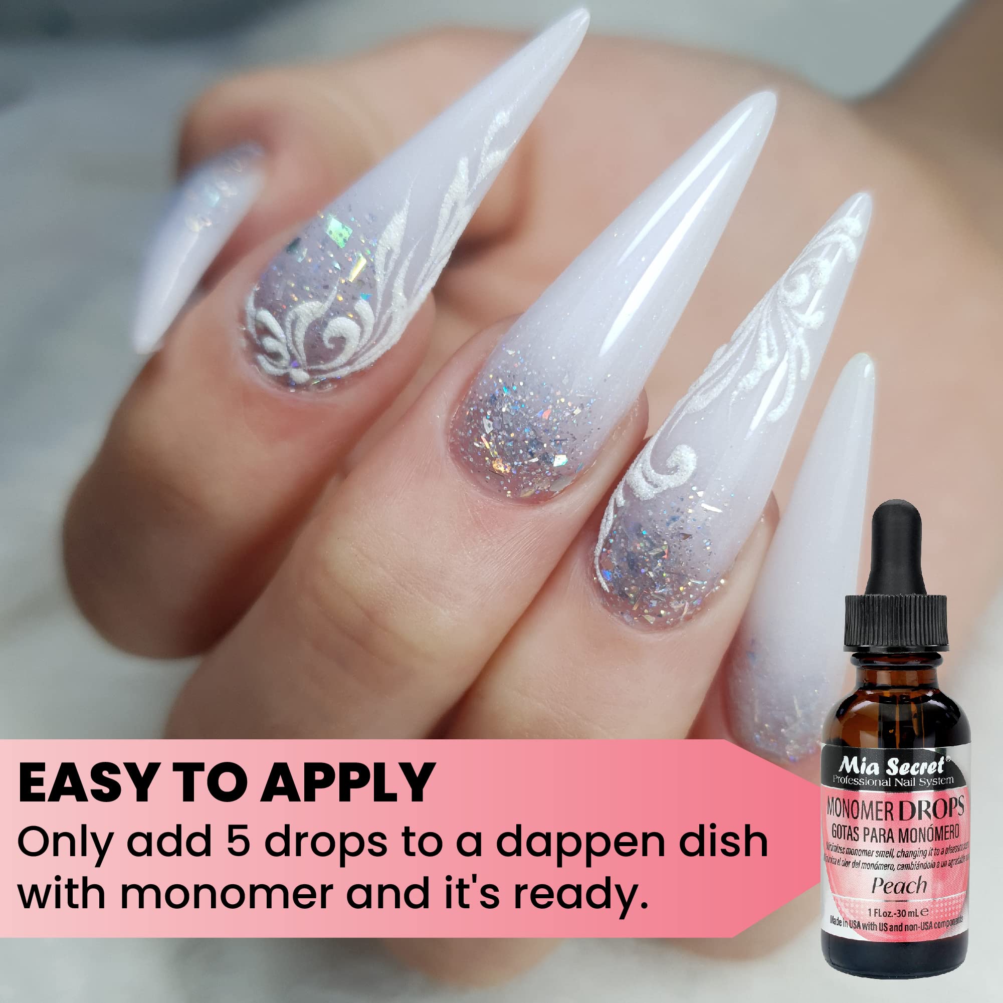 Mia Secret gouttes monomere peche — application precise sur les ongles.