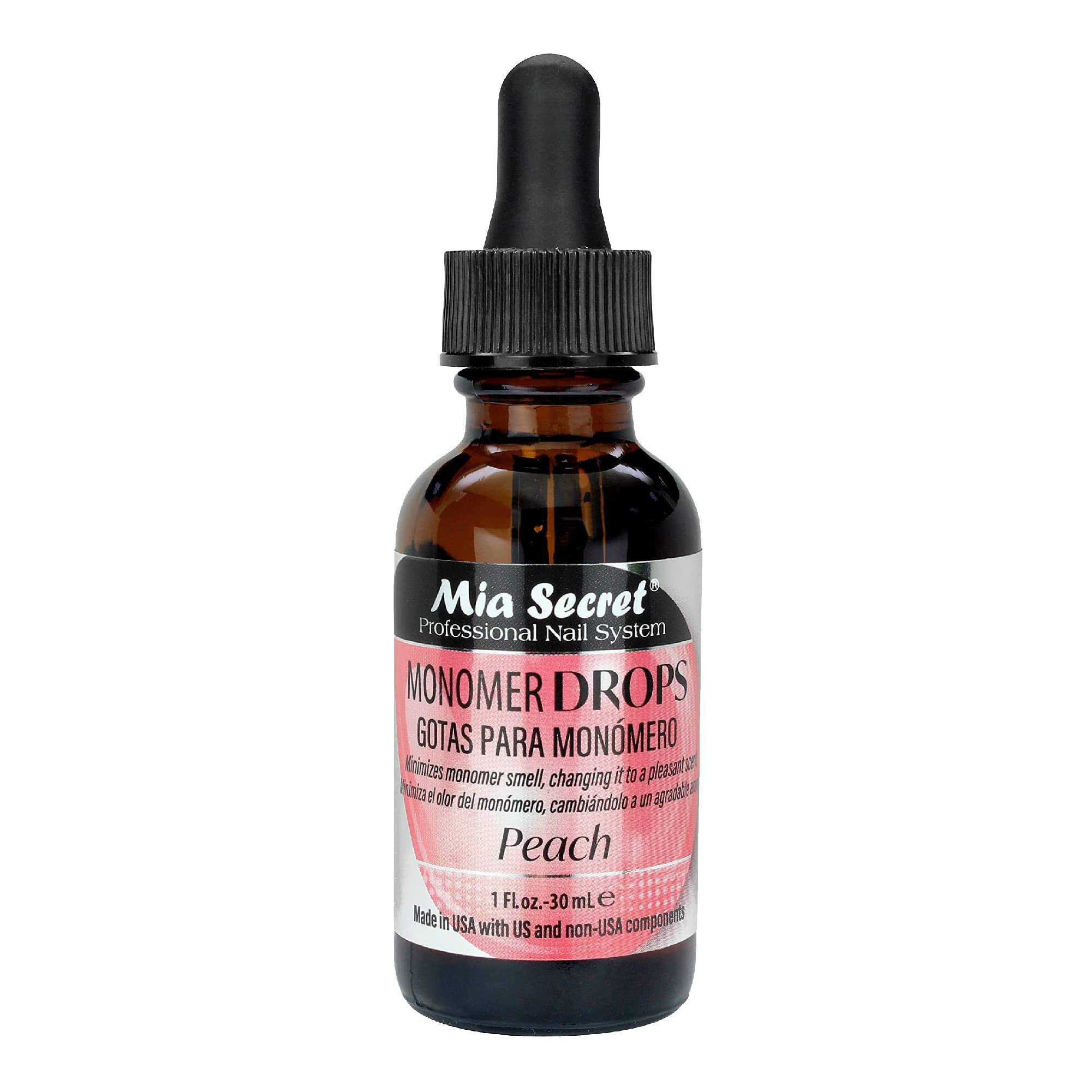 Mia Secret gouttes monomere peche — bouteille compacte pour mélange rapide et precis.