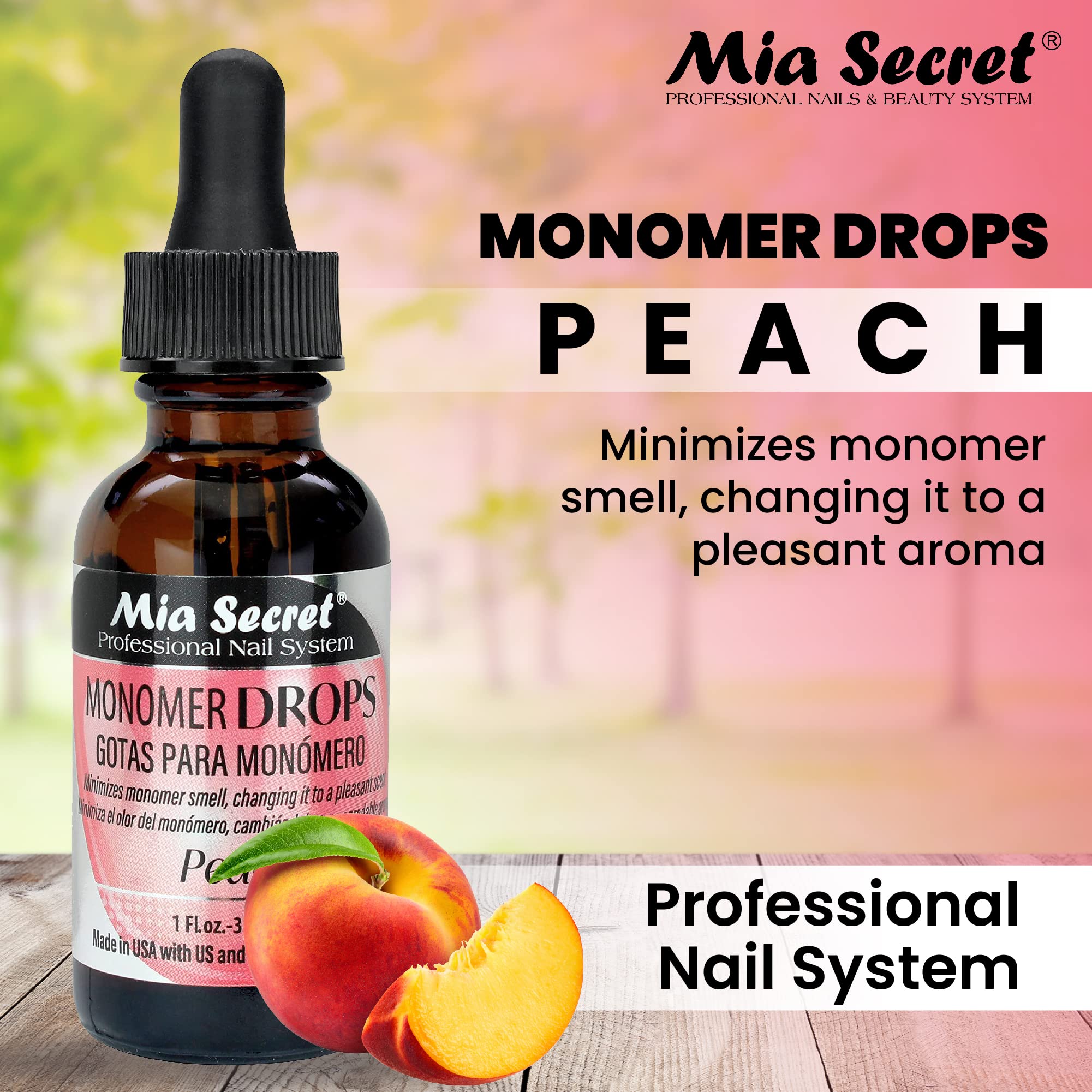 Mia Secret gouttes monomere peche — etiquette claire facilitant le dosage.