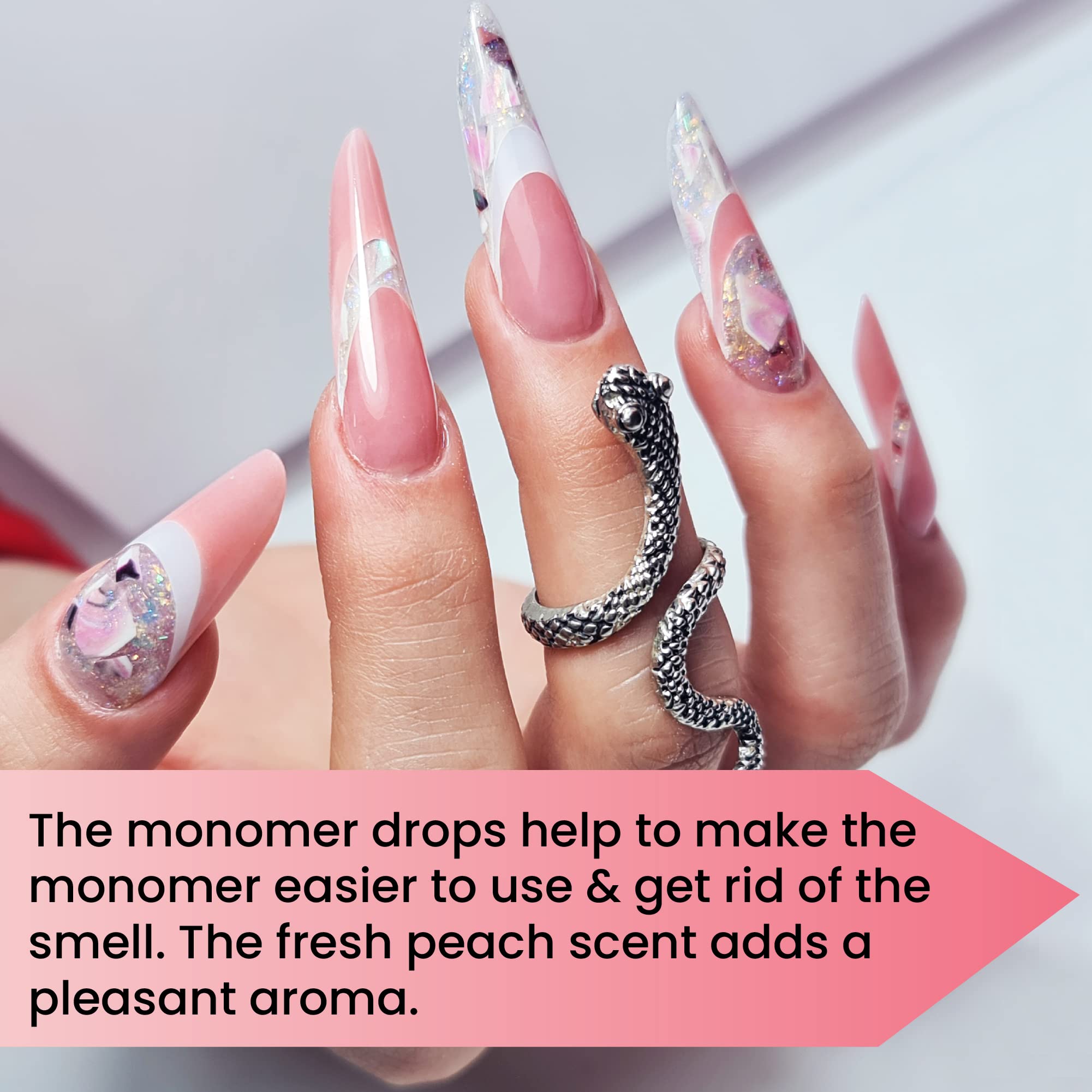 Mia Secret gouttes monomere peche — finition plus fluide pour ongles professionnels.