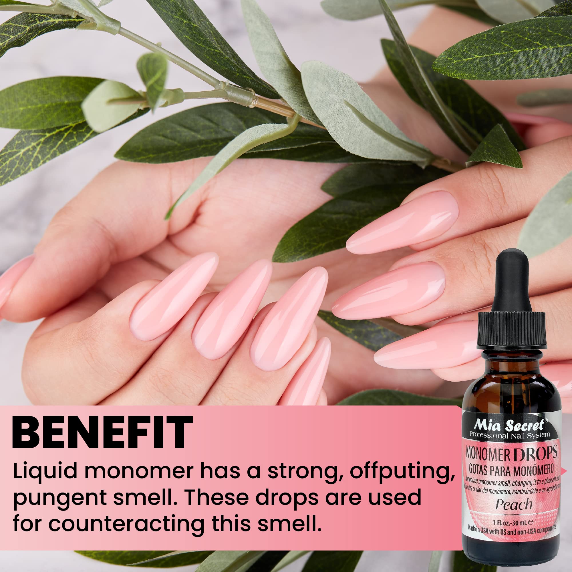 Mia Secret gouttes monomere peche — plat dappen pour dosage facile.