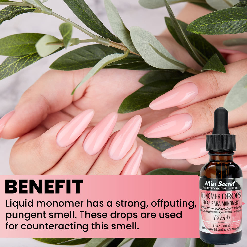 Mia Secret gouttes monomere peche — plat dappen pour dosage facile.