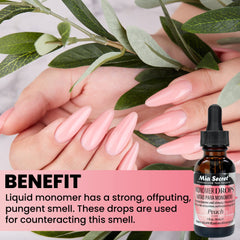 Mia Secret gouttes monomere peche — plat dappen pour dosage facile.