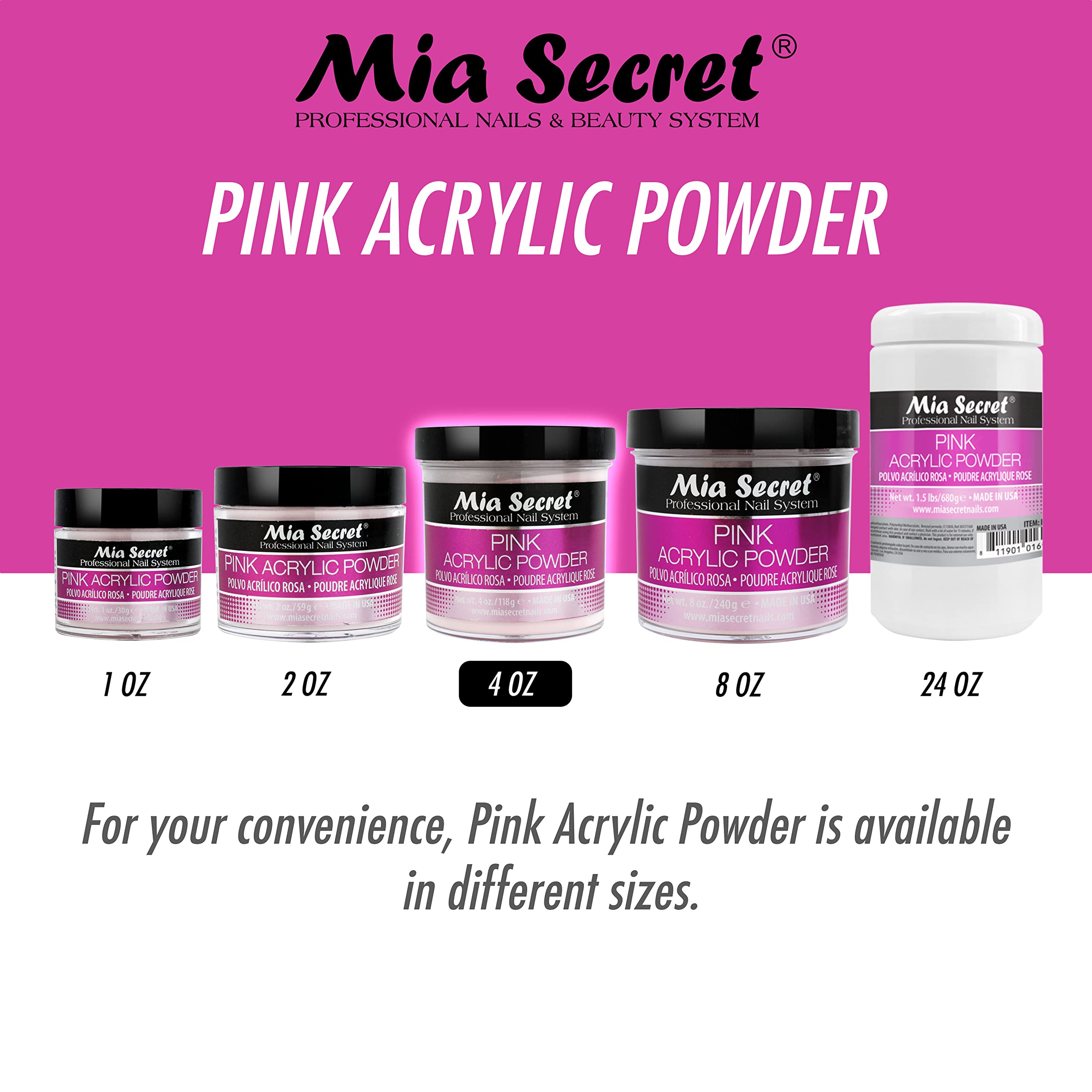 Mia Secret pink acrylic powder swatch — vibrant color payoff and consistent finish.