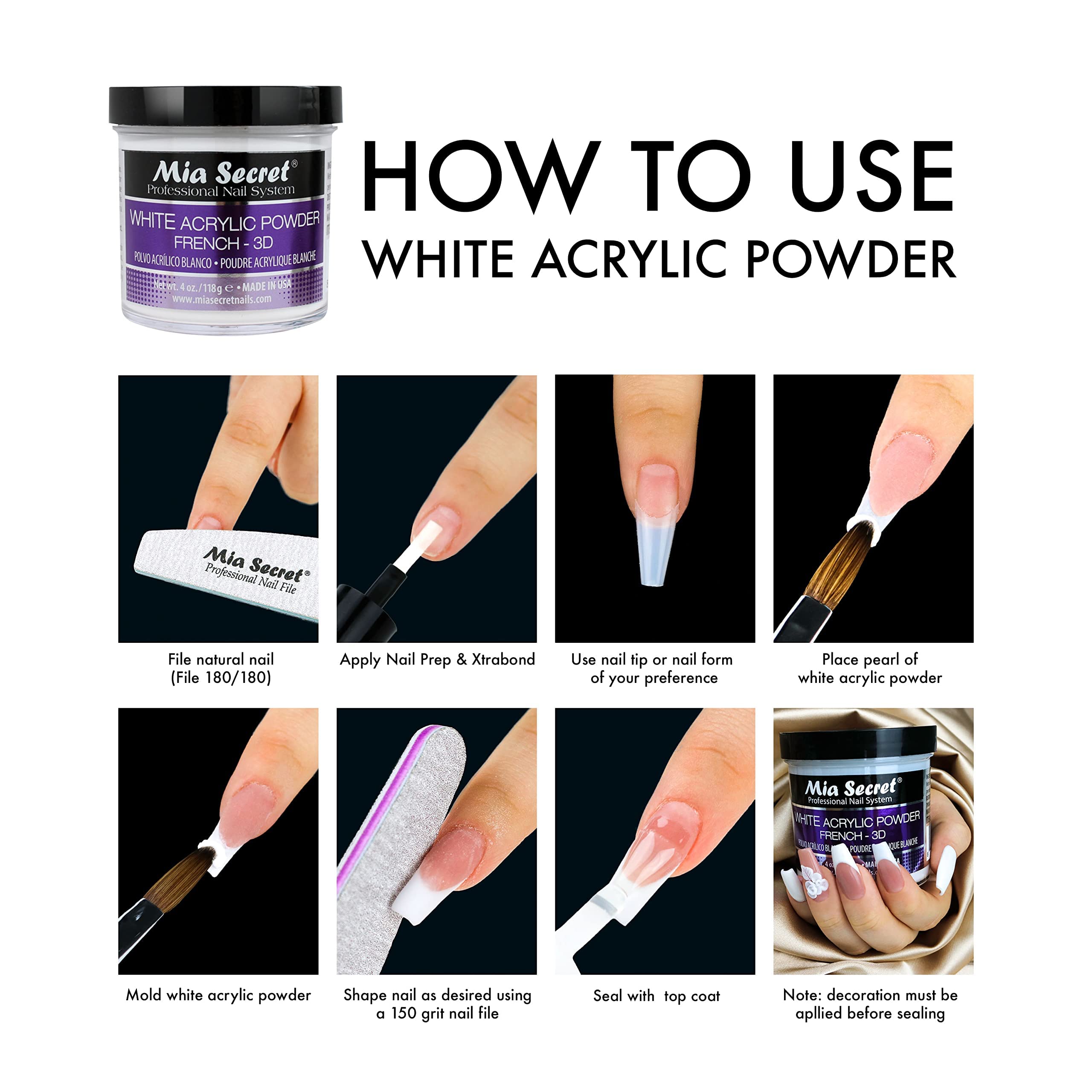 Finition lisse et durable avec Mia Secret poudre acrylique blanche.