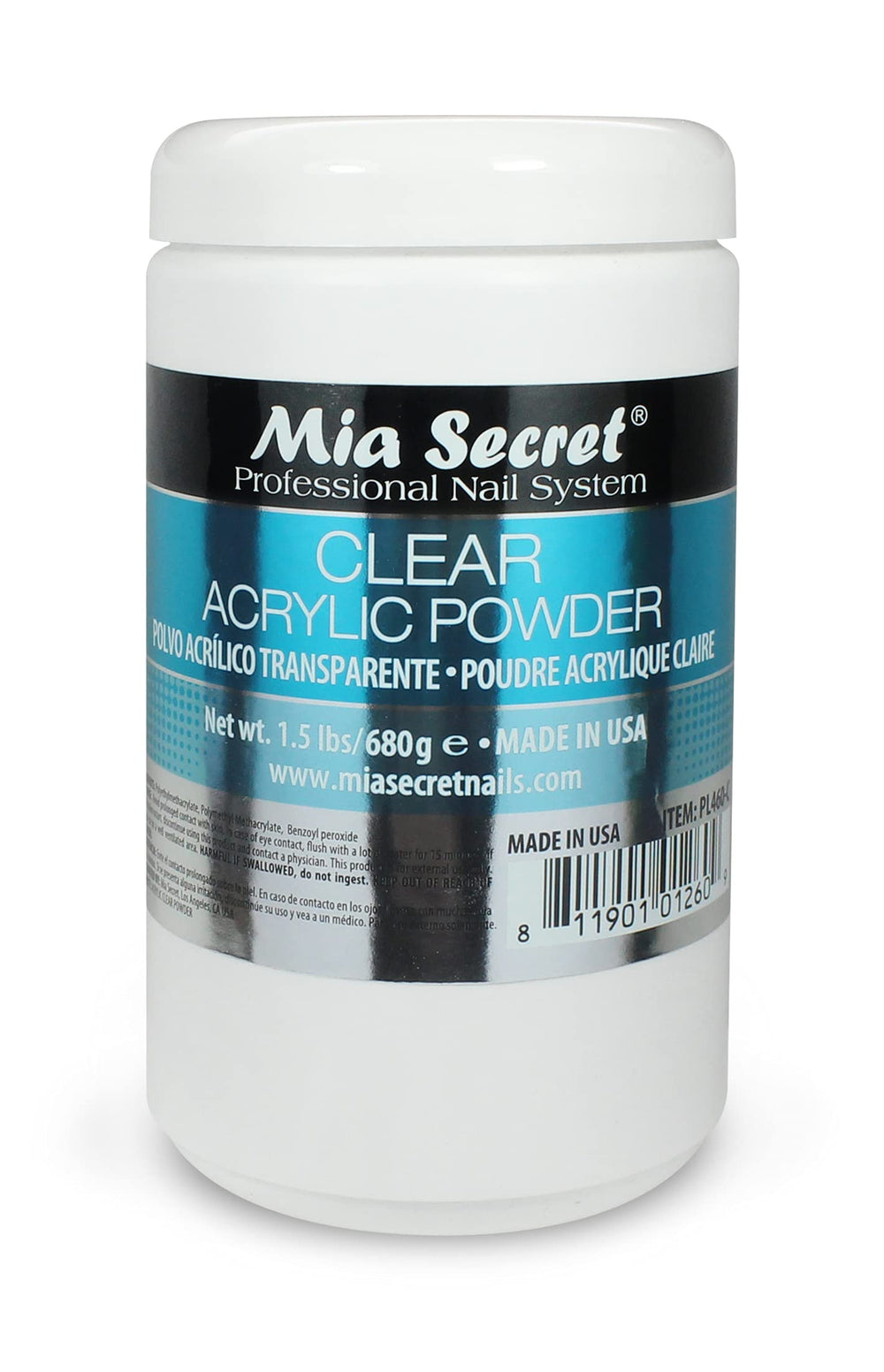 Mia Secret Poudre Acrylique Claire 24oz dans sa boîte, prête à l'emploi et pratique.