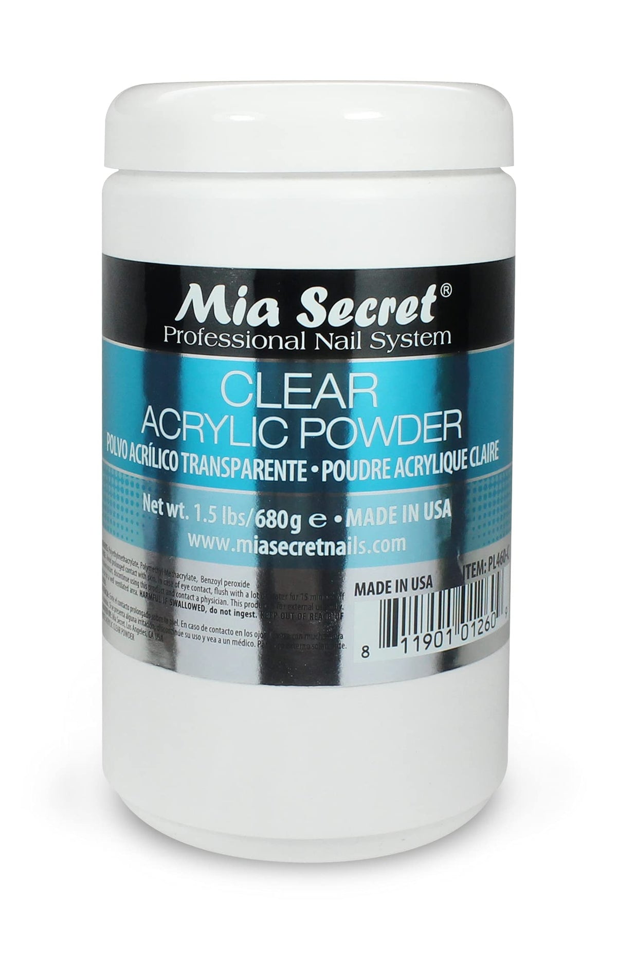 Mia Secret Poudre Acrylique Claire 24oz dans sa boîte, prête à l'emploi et pratique.