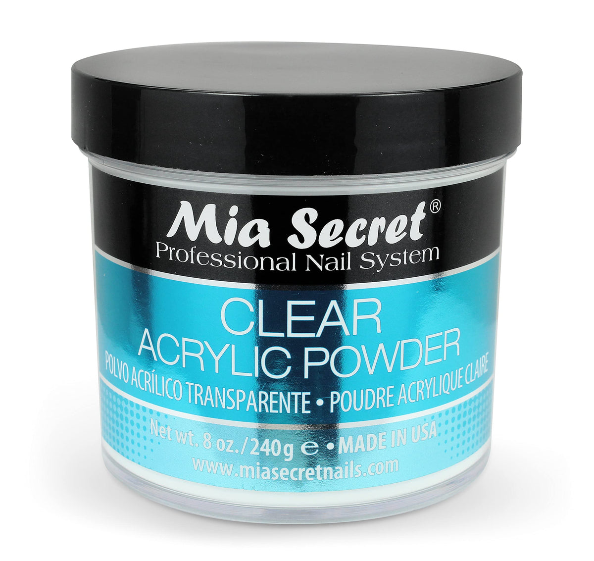 Poudre acrylique claire Mia Secret 8oz pour des finitions nettes.