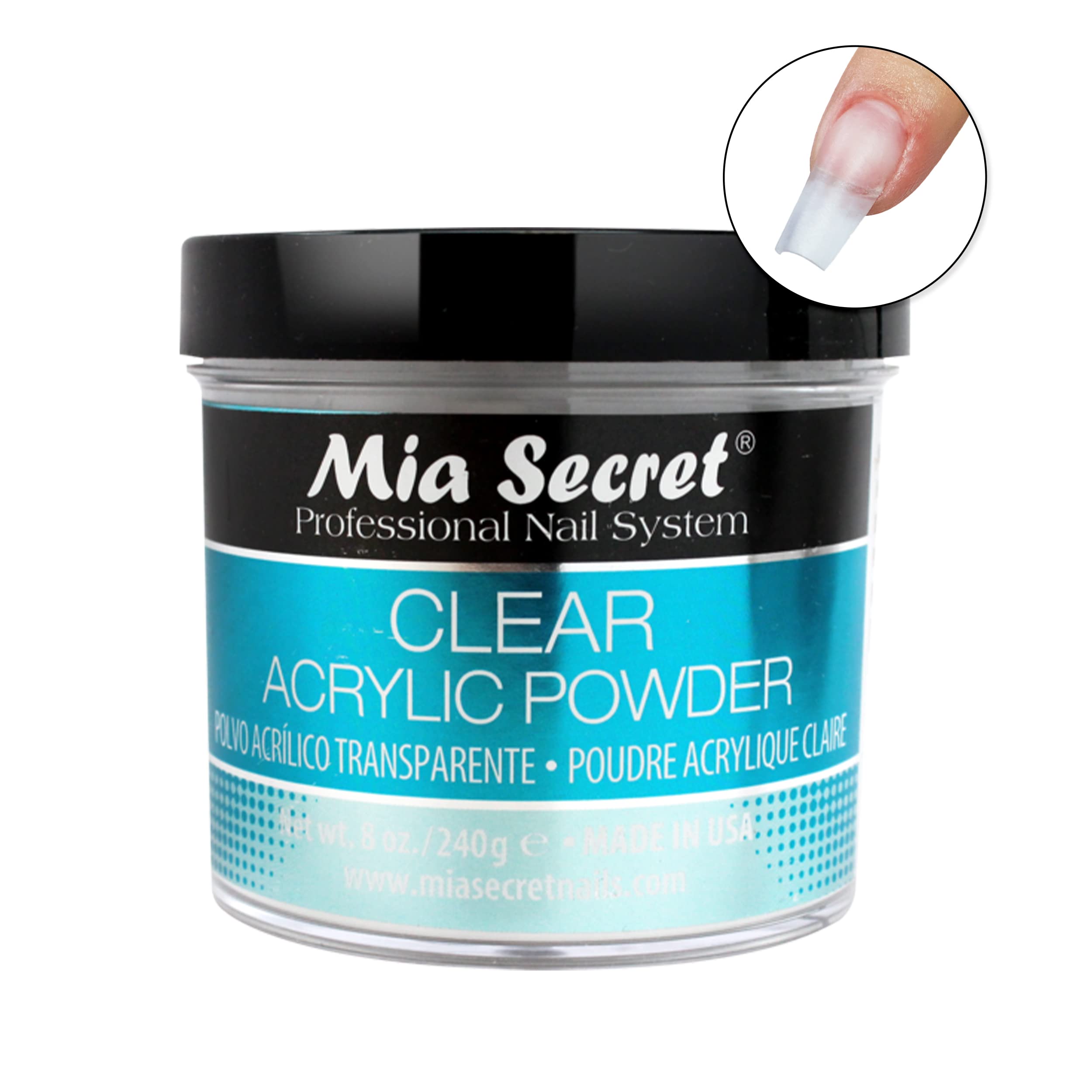 Mia Secret poudre acrylique claire avec temps d’activation optimisé.