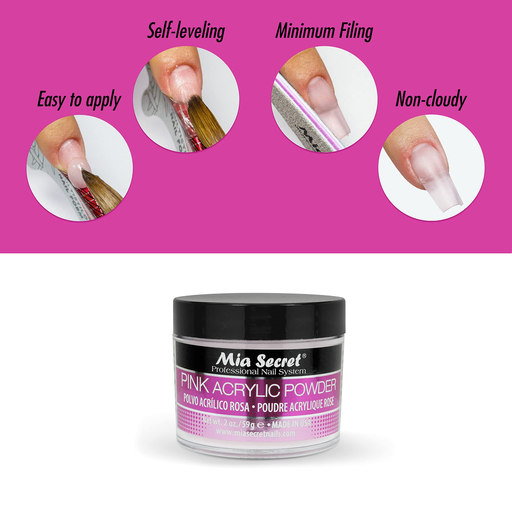 Mia Secret poudre acrylique rose, formule anti-jaunissement pour un rendu clair