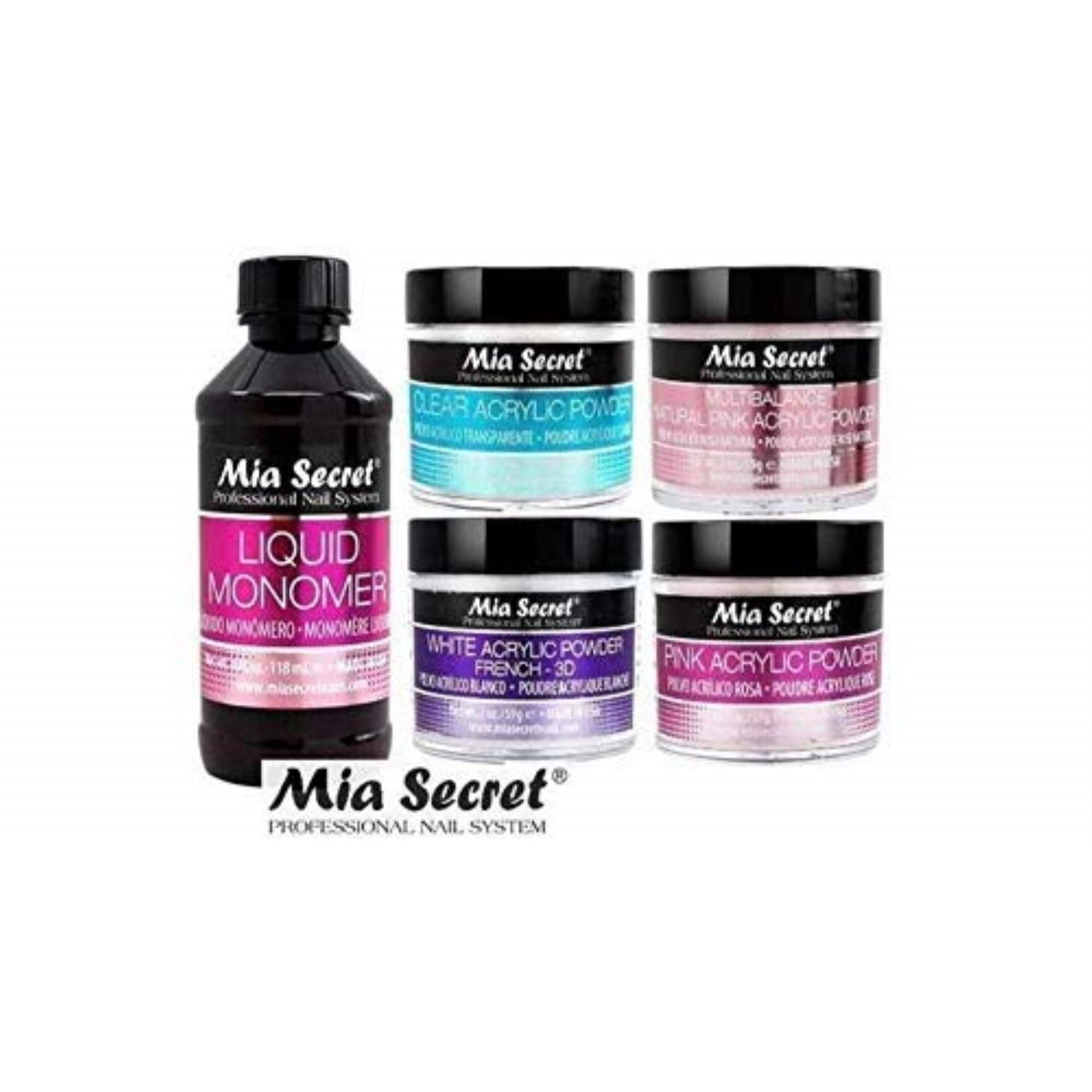 Mia Secret poudre acrylique rose et claire, pour structures nettes et finitions durables.