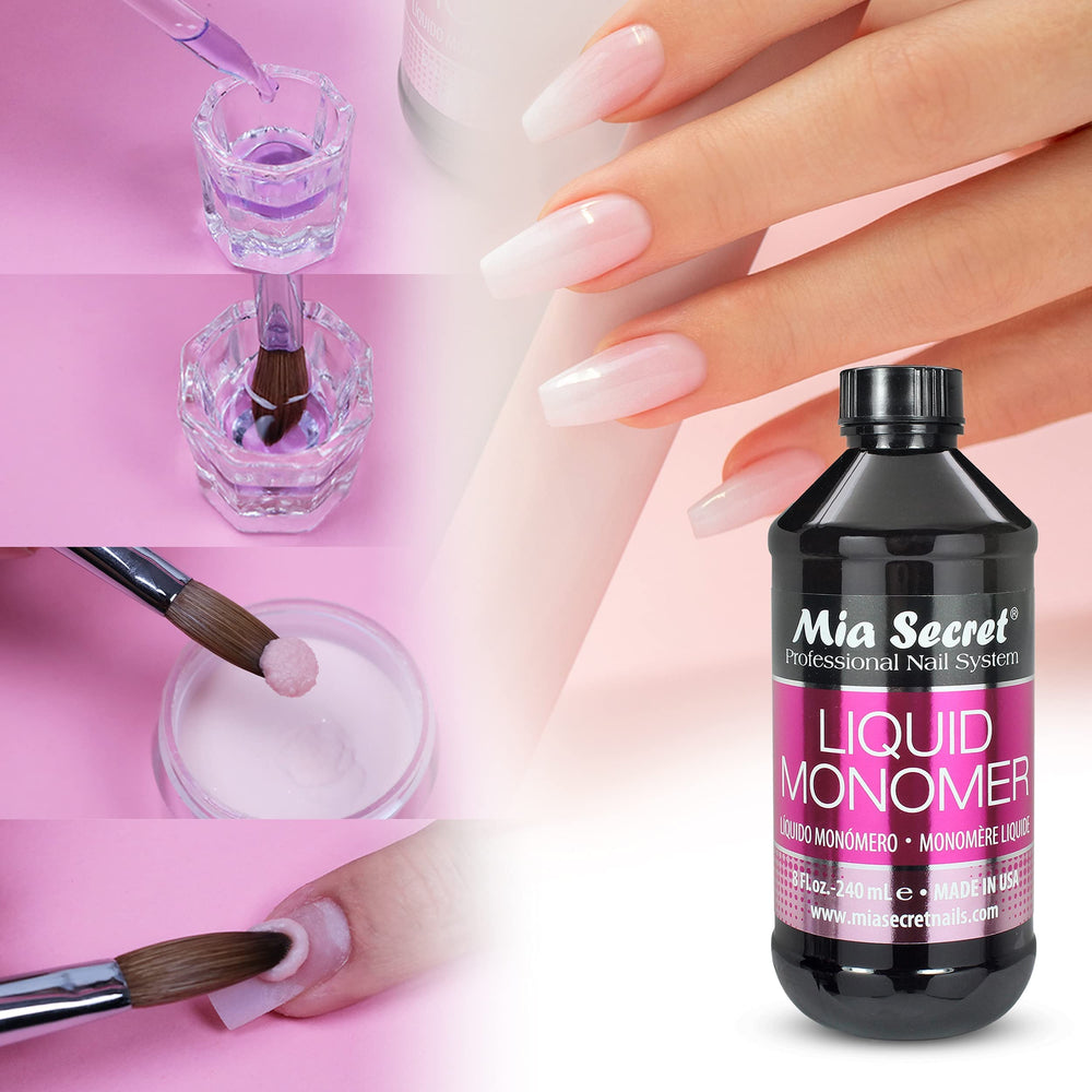 Mia Secret utilisation professionnelle sur ongles acryliques, résultats constants.