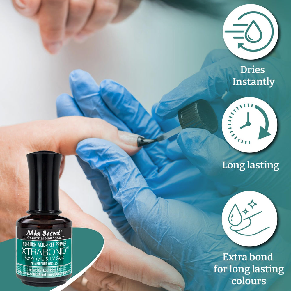 Mia Secret Xtra Bond, premier plan sur l’adhésion durable pour ongles acryliques et gel ultraviolet.