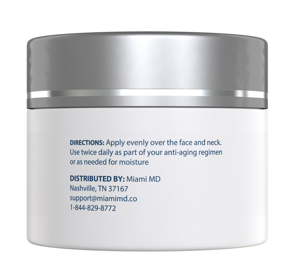 MiamiMD crème visage, application matin et soir pour hydratation et fermeté.