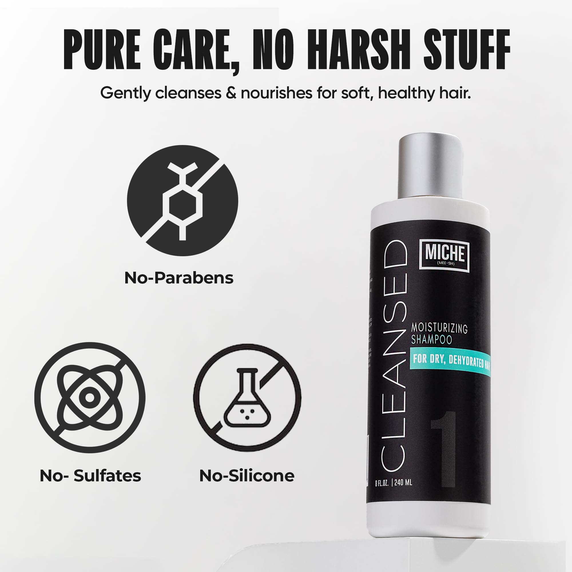 Cheveux ondulés et frisés, Miche Beauty Cleansed Shampoo pour définition et contrôle des frisottis.