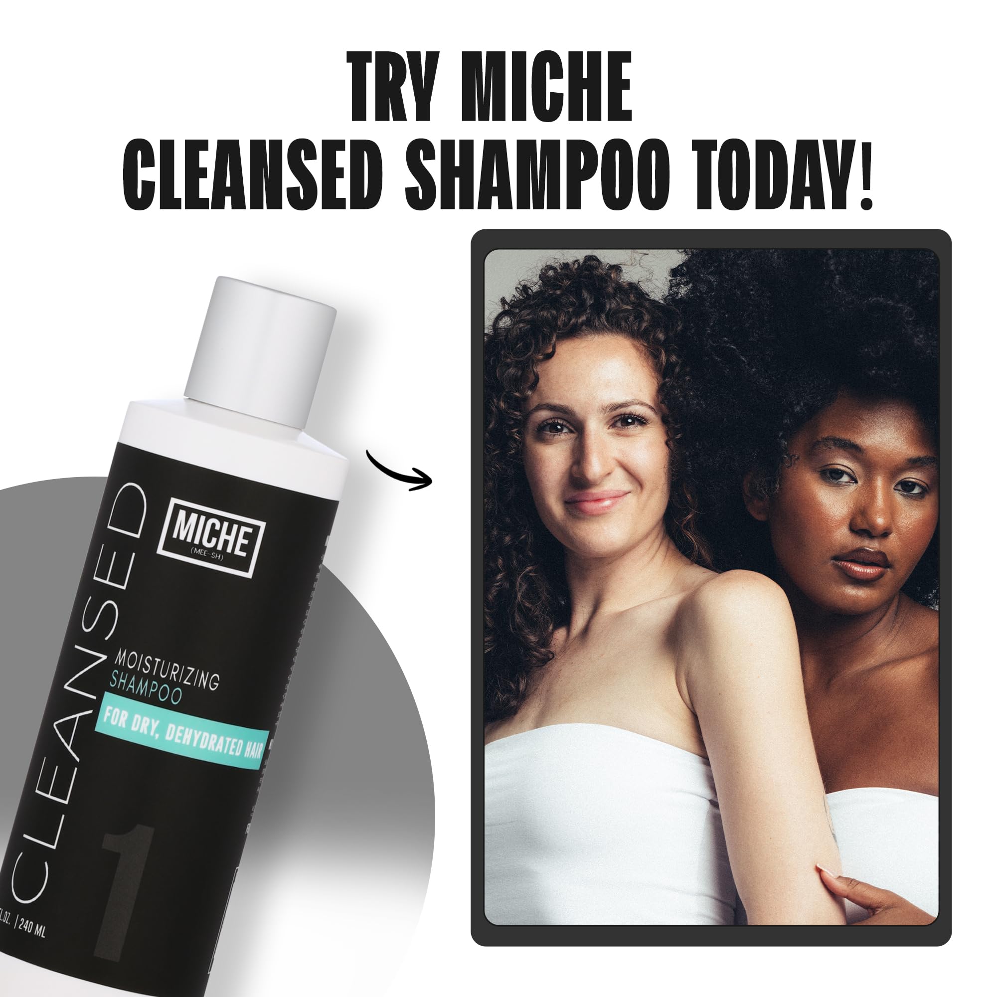 Utilisation quotidienne, Miche Beauty Cleansed Shampoo pour cheveux hydratés et démêlés faciles.