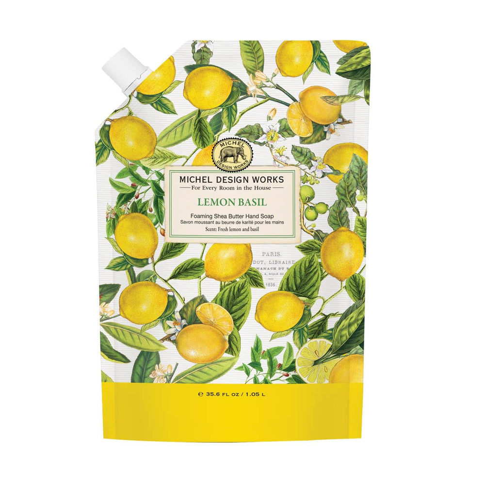 Refill Michel Design Works Lemon Basil – emballage réutilisable et mousse douce.