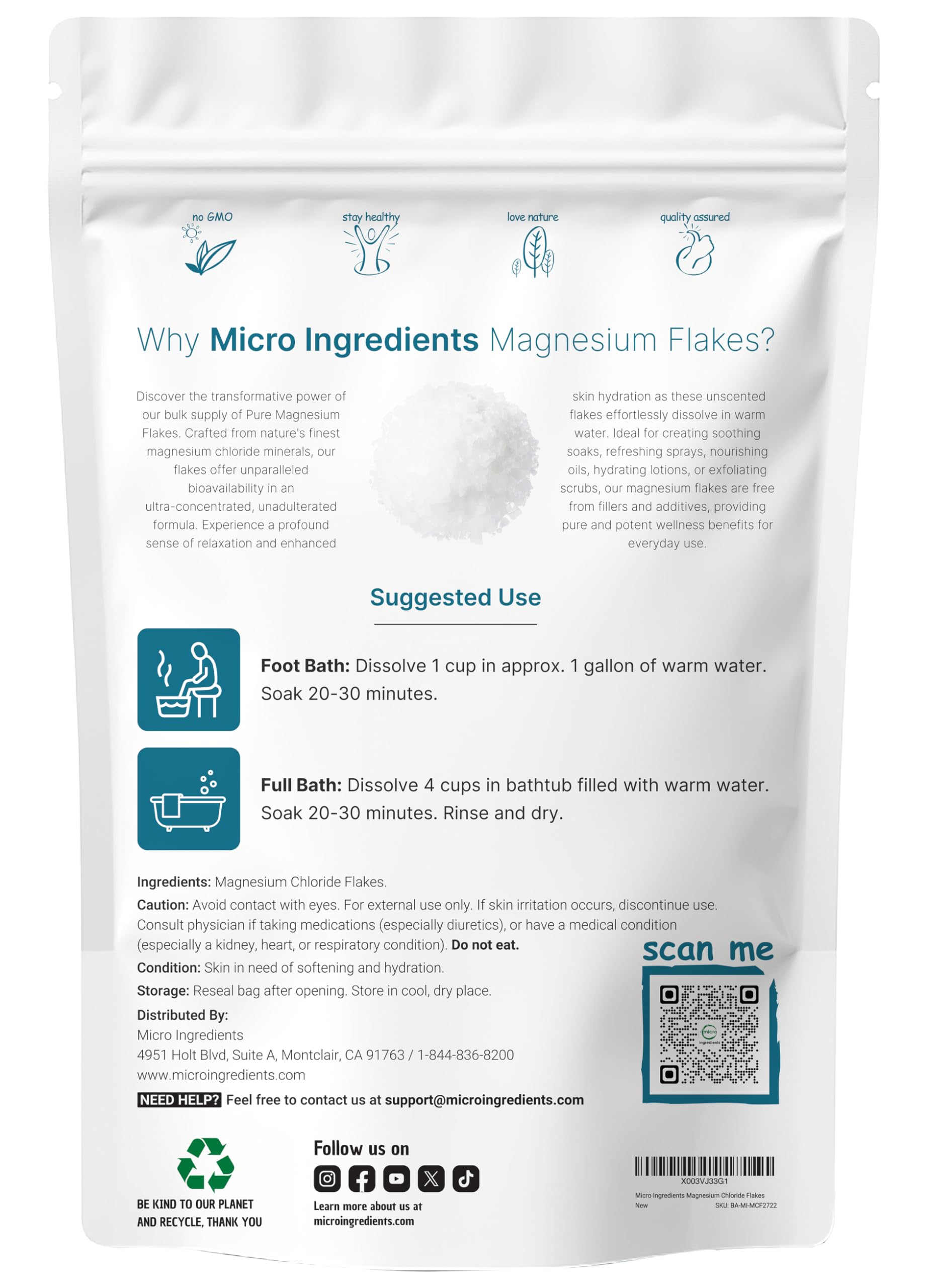 Flocons Micro Ingredients magnésium, dissolution dans eau chaude, bain apaisant