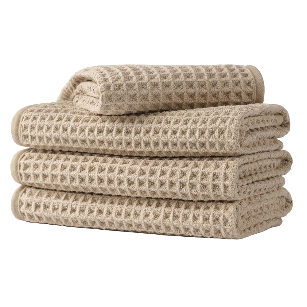 MICROFI serviettes visage gaufre beige, ensemble de 4, douceur et absorption efficaces.