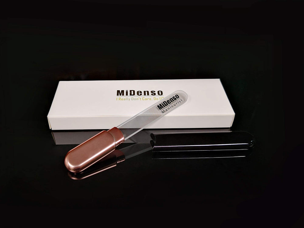 MiDenso lime à ongles en verre avec micro-dentures et nanotechnologie pour brillance douce.