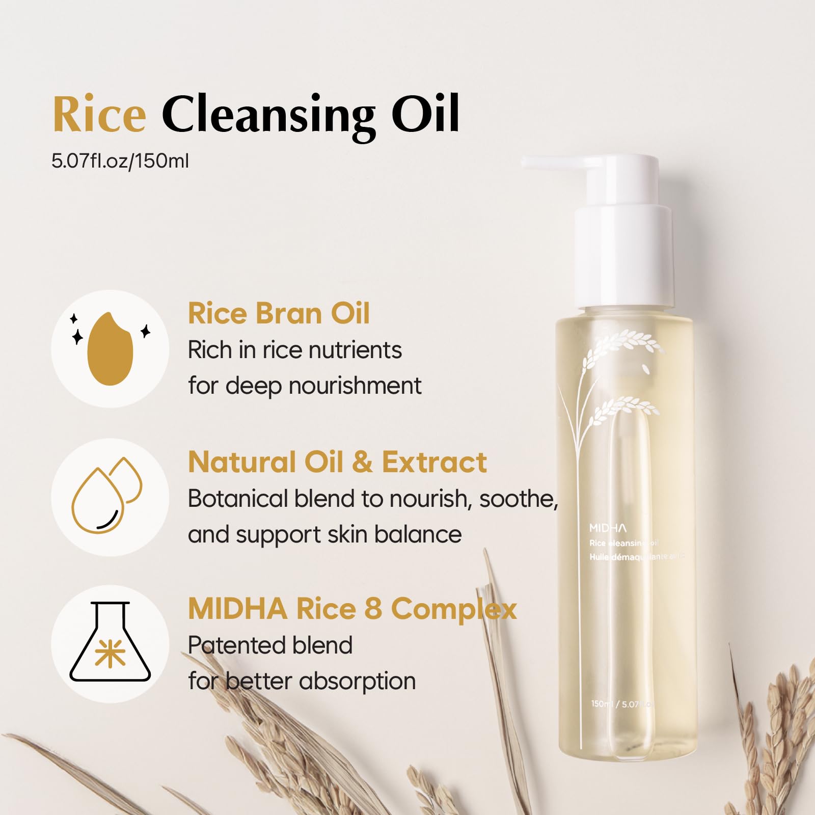 MIDHA huile nettoyante au riz – après-démaquillage peau nette et fraîche