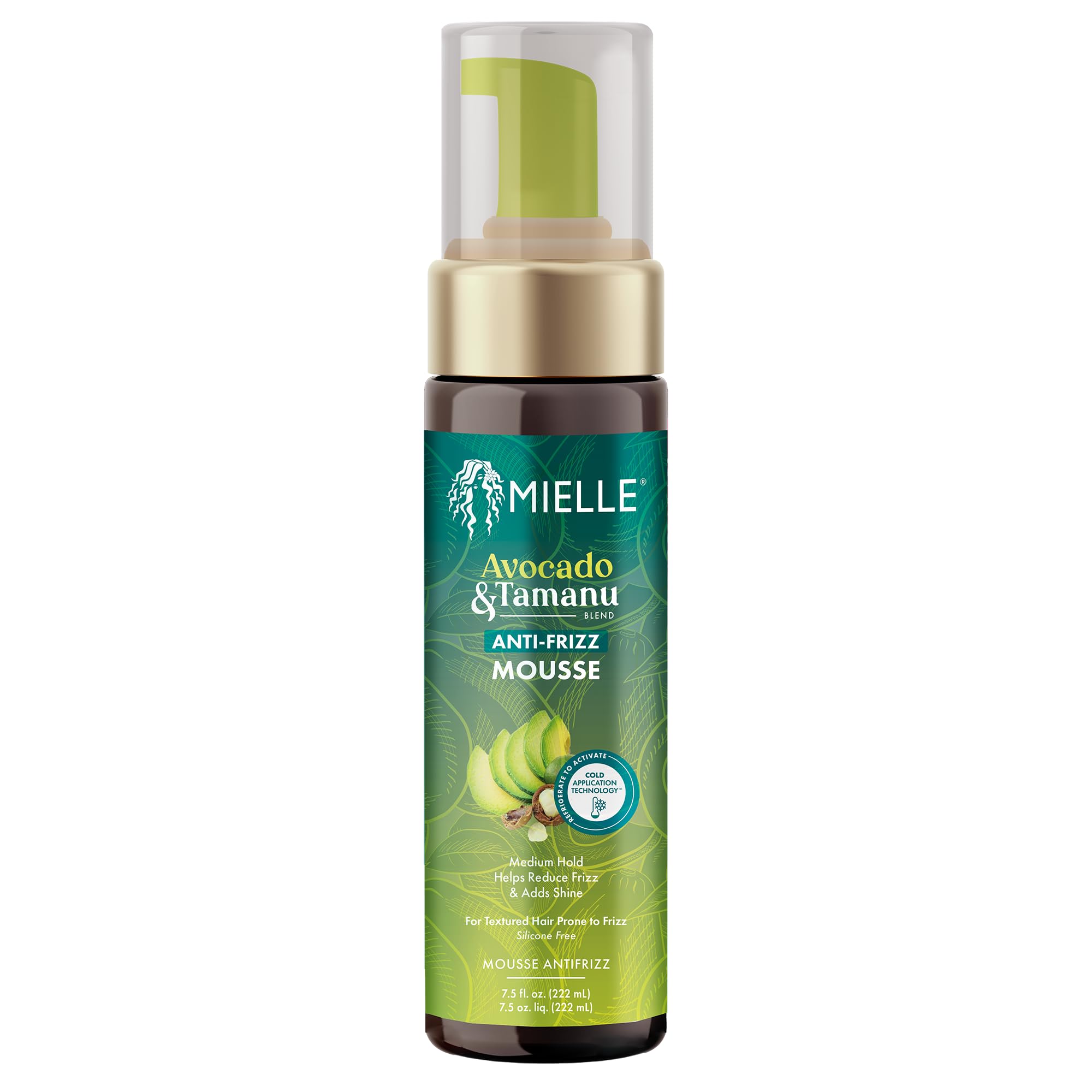 Mielle Avocado & Tamanu Curly Mousse bottle front showing lightweight curl definition
