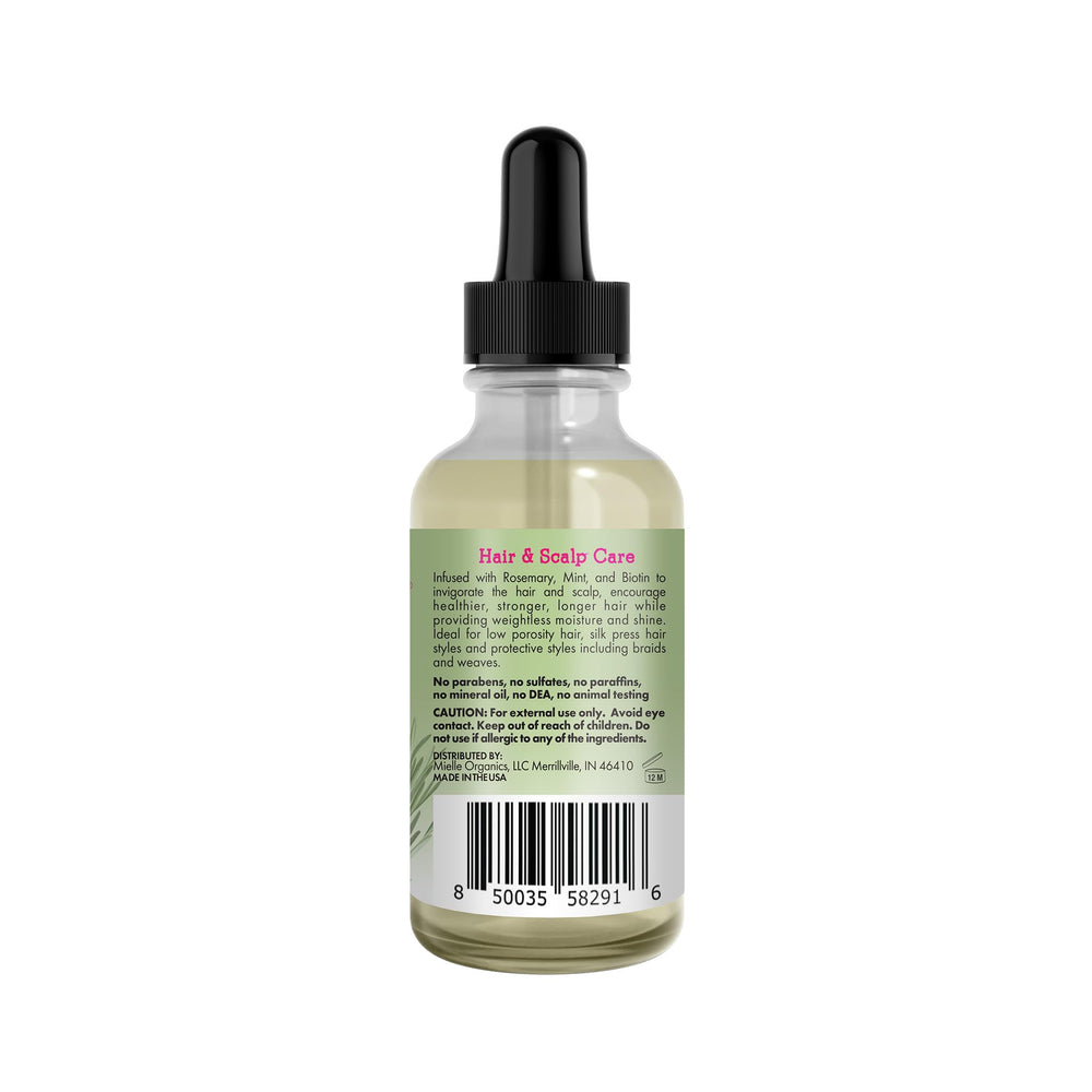 Huile légère Mielle Organics, menthe et romarin, glisse facilement et hydrate les cheveux.