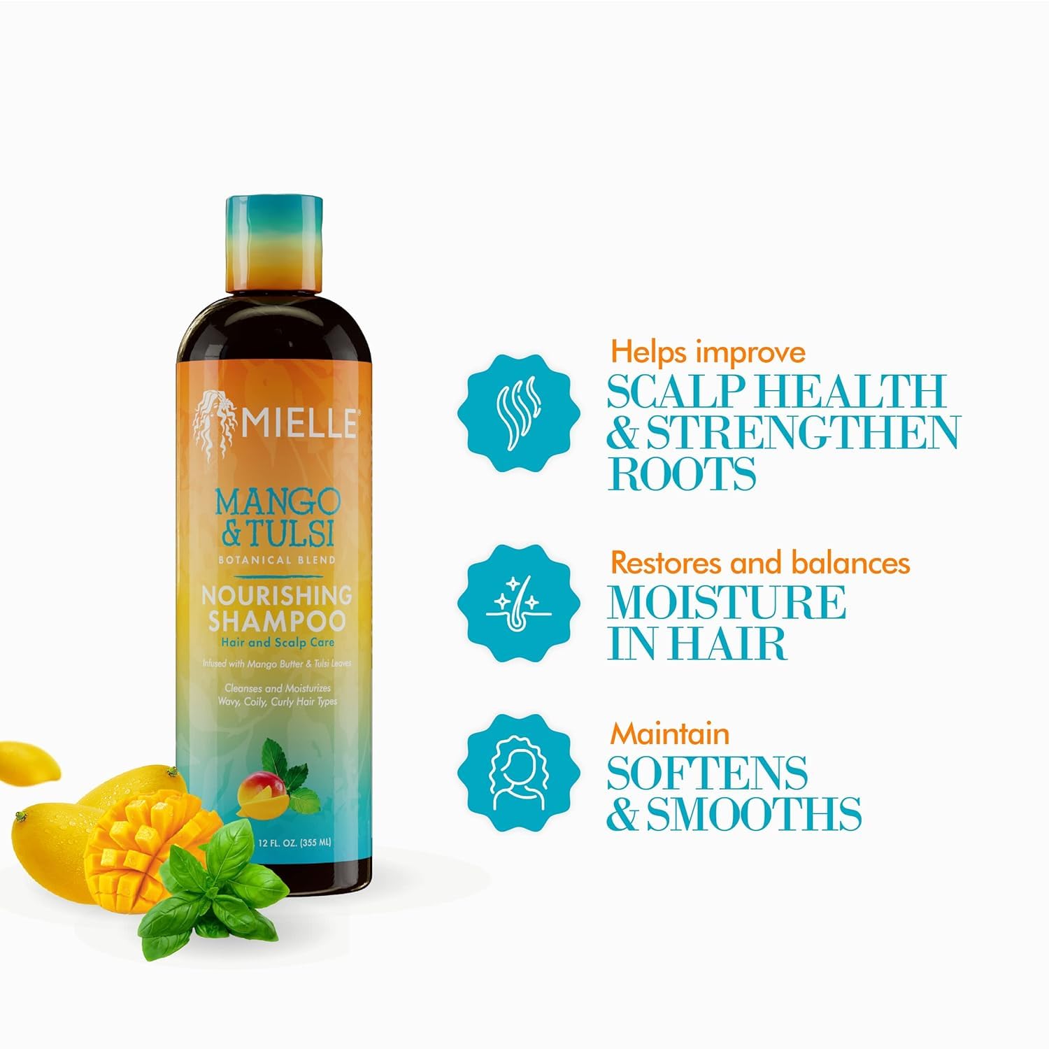 Shampoing Mielle Mango et Tulsi nourrit les boucles après lavage.