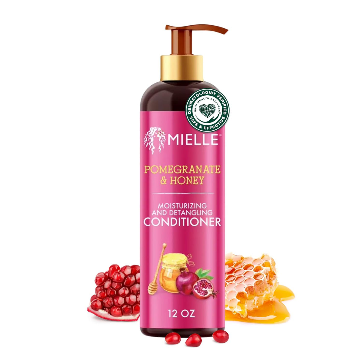 Mielle Organics Démêlant Grenade et Miel en bouteille facilite démêlage et hydratation.