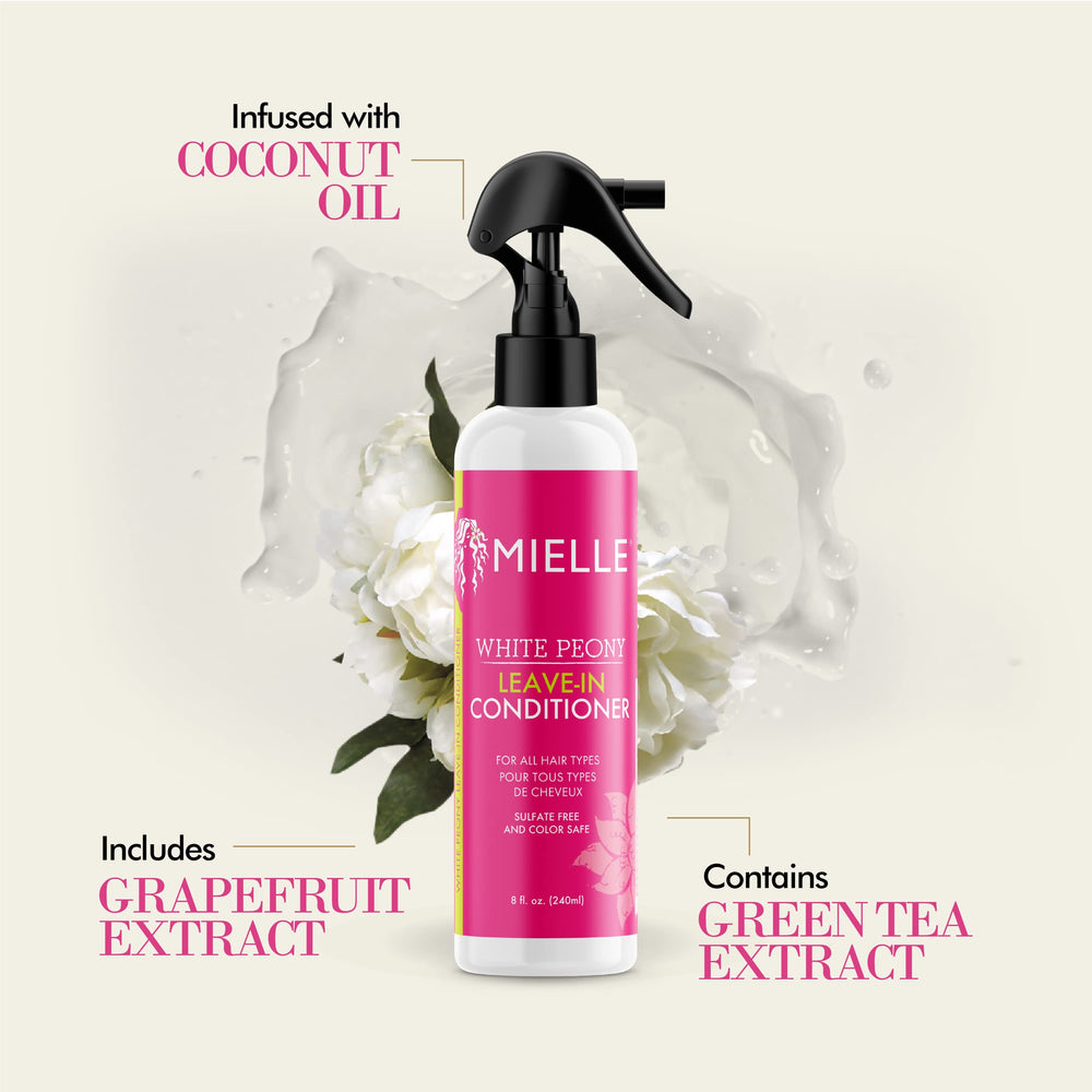 Protection chaleur: brume Mielle Organics à la pivoine blanche.