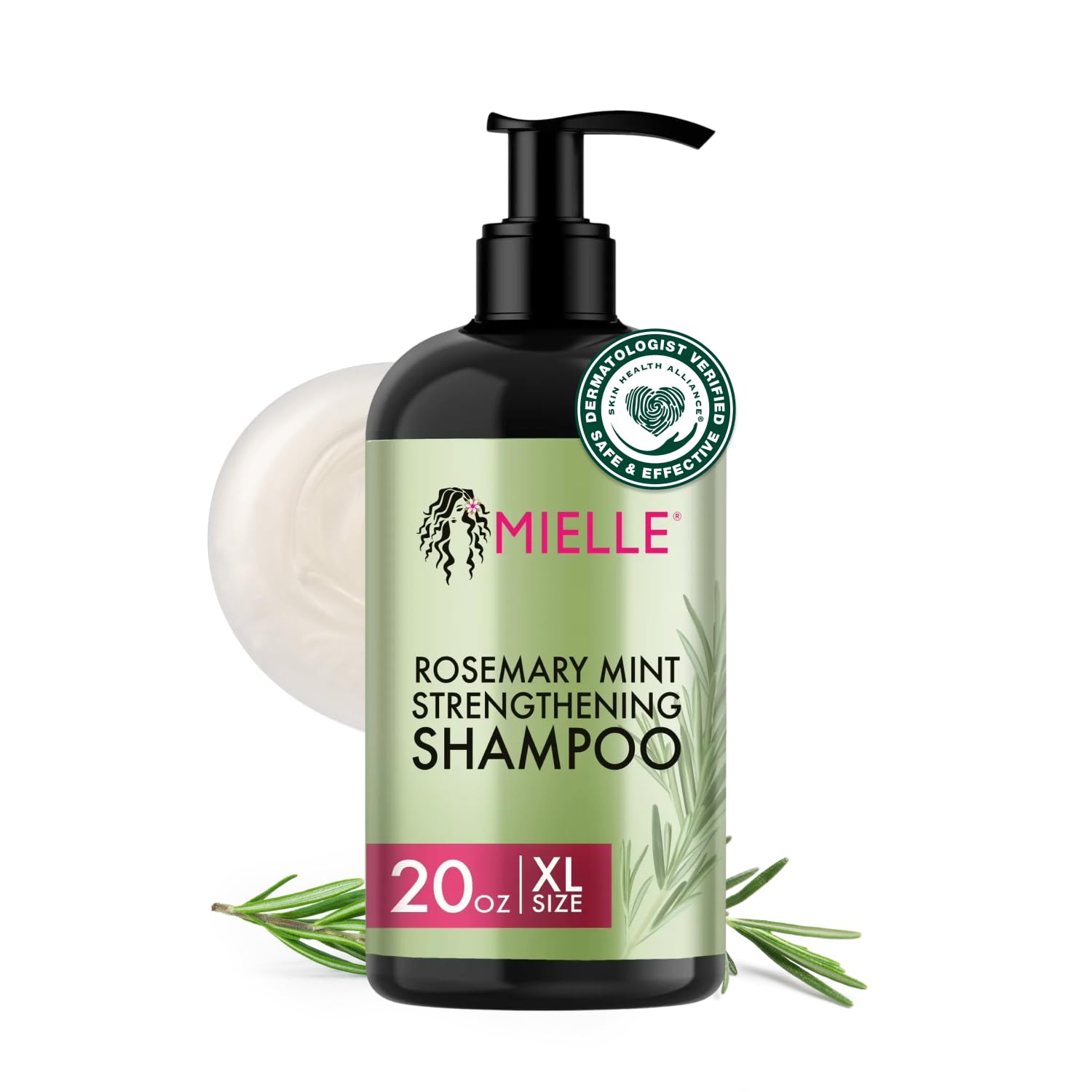 Shampoing romarin-menthe Mielle Organics dans une bouteille, purification douce et hydratation des cheveux.