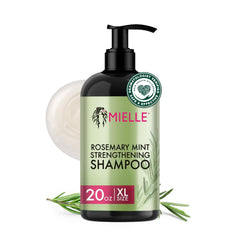 Shampoing romarin-menthe Mielle Organics dans une bouteille, purification douce et hydratation des cheveux.