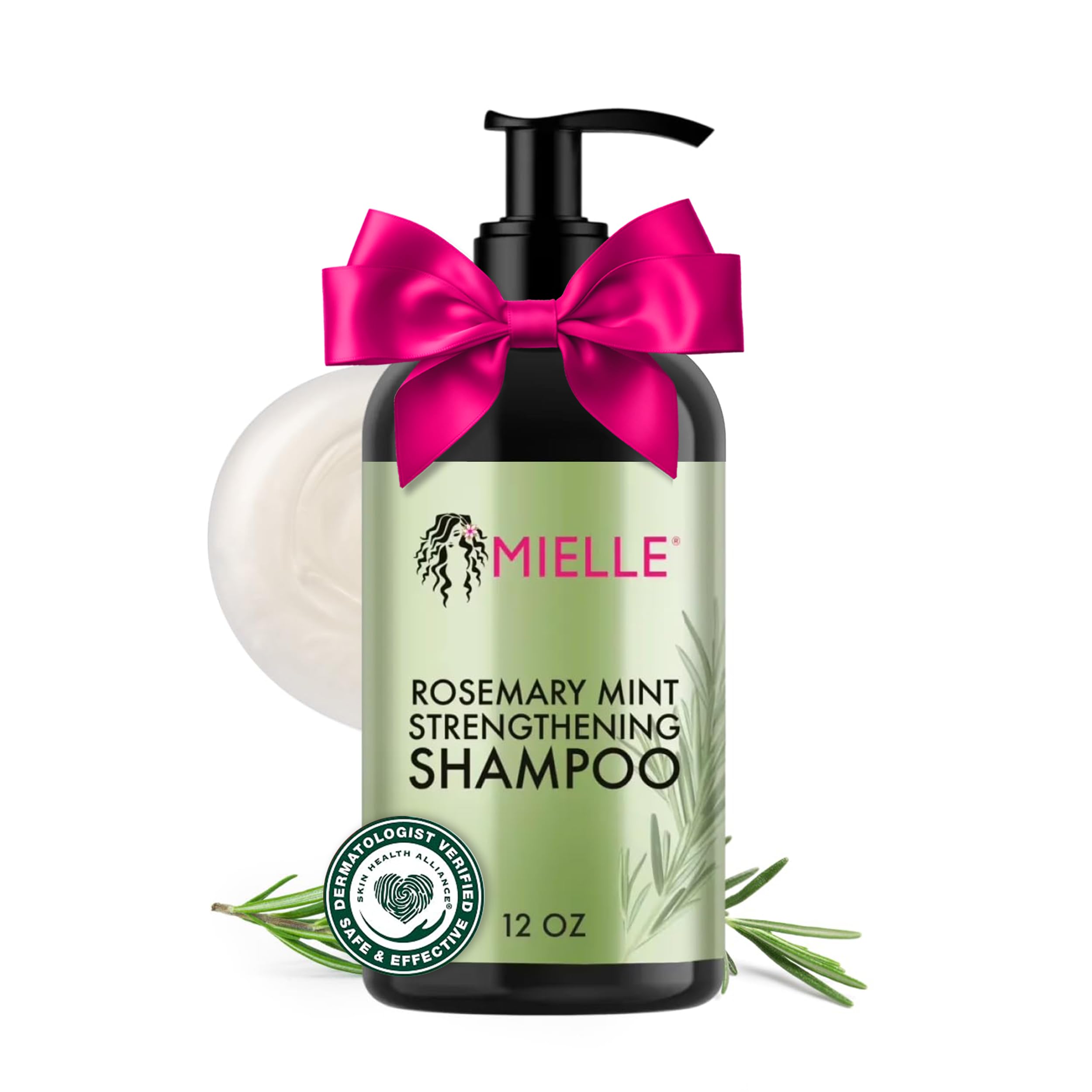 Shampooing Mielle Organics Romarin Menthe en bouteille, nettoyage doux et revitalisant pour cheveux.