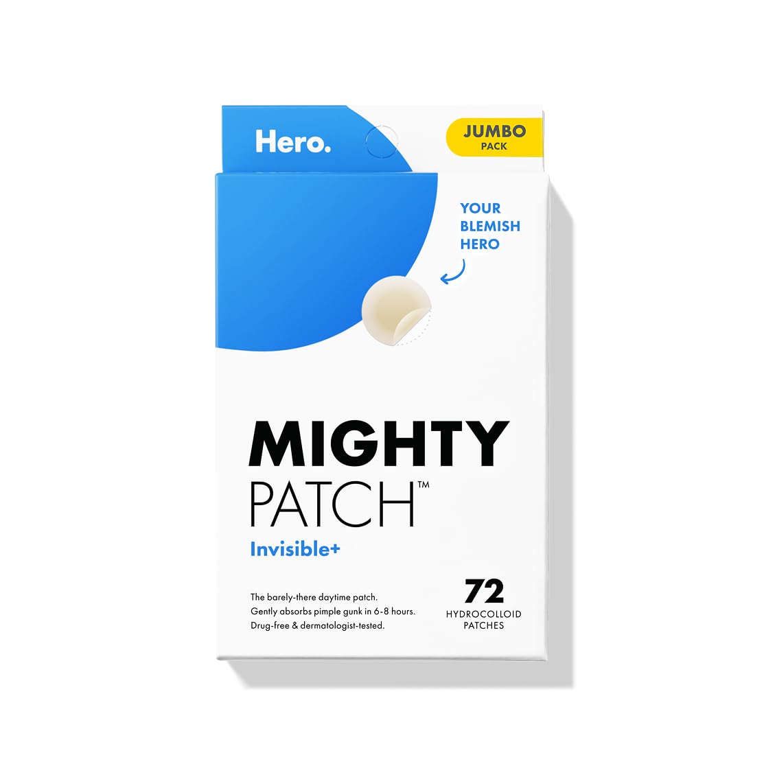 Mighty Patch Invisible+ appliqué sur peau, pansement hydrocolloïde mince et clair pour les boutons.
