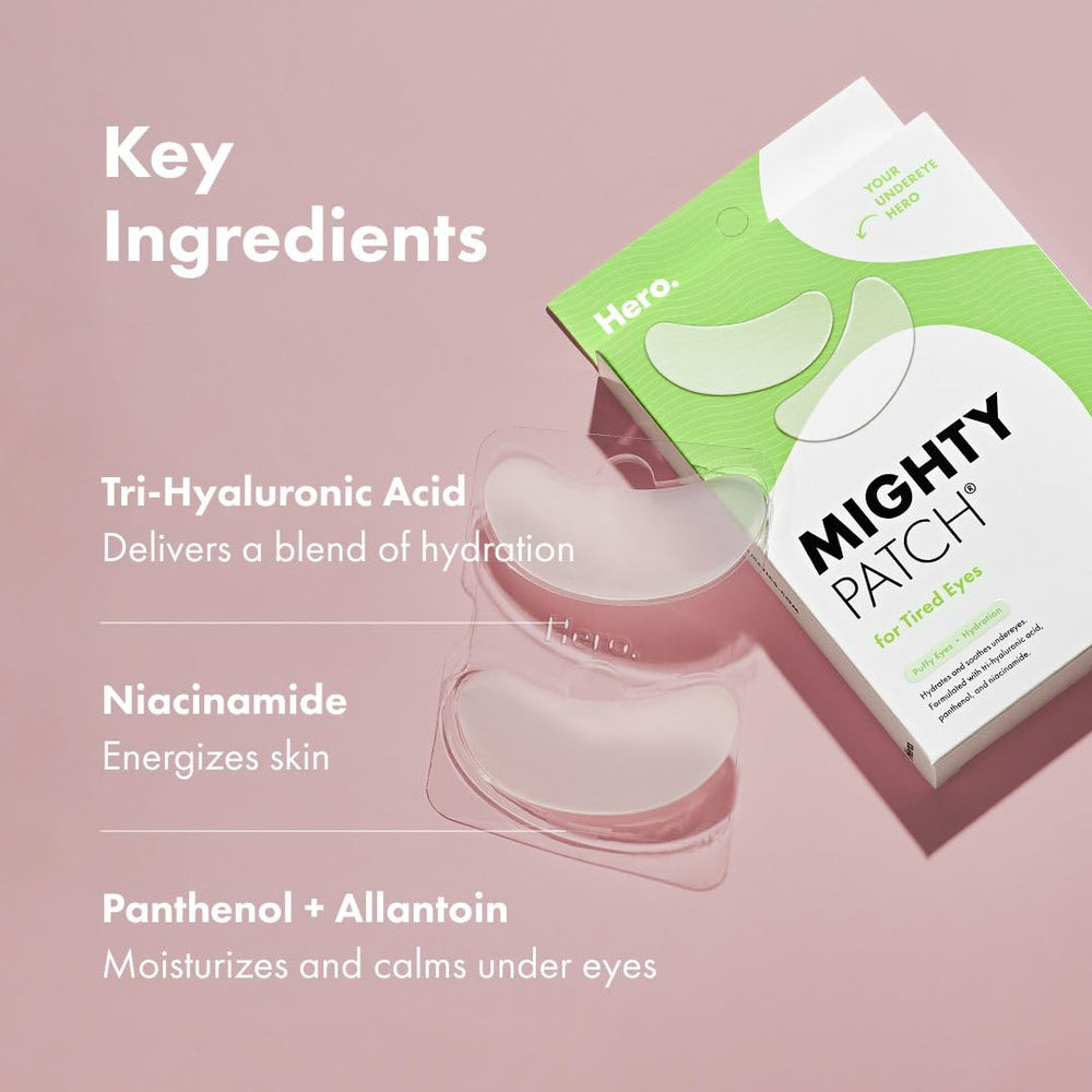 Tri-hyaluronique et niacidamide dans Mighty Patch pour peau autour des yeux.