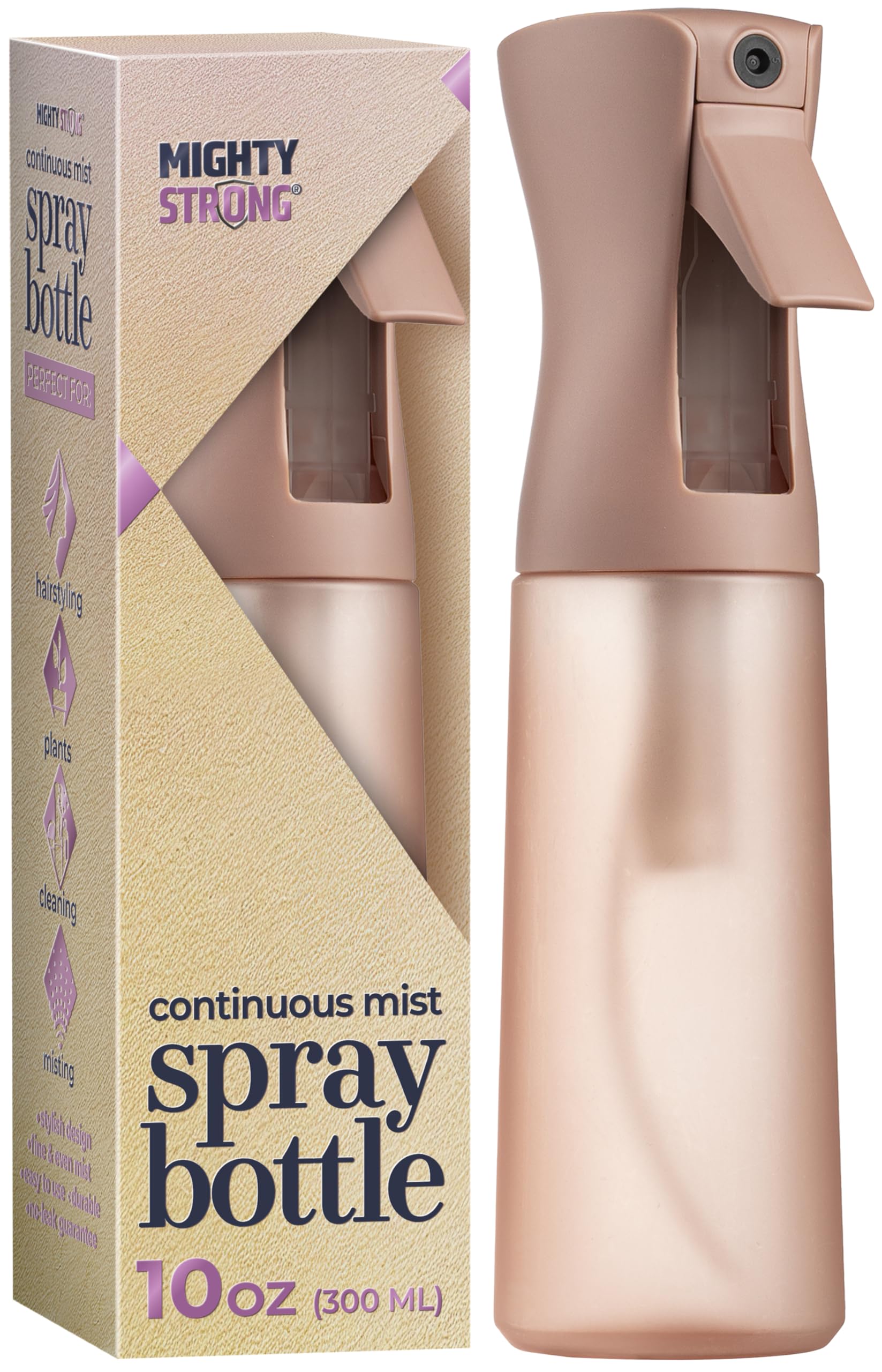 Bouteille MIGHTY STRONG avec pulvérisation continue pour cheveux, brume homogène.