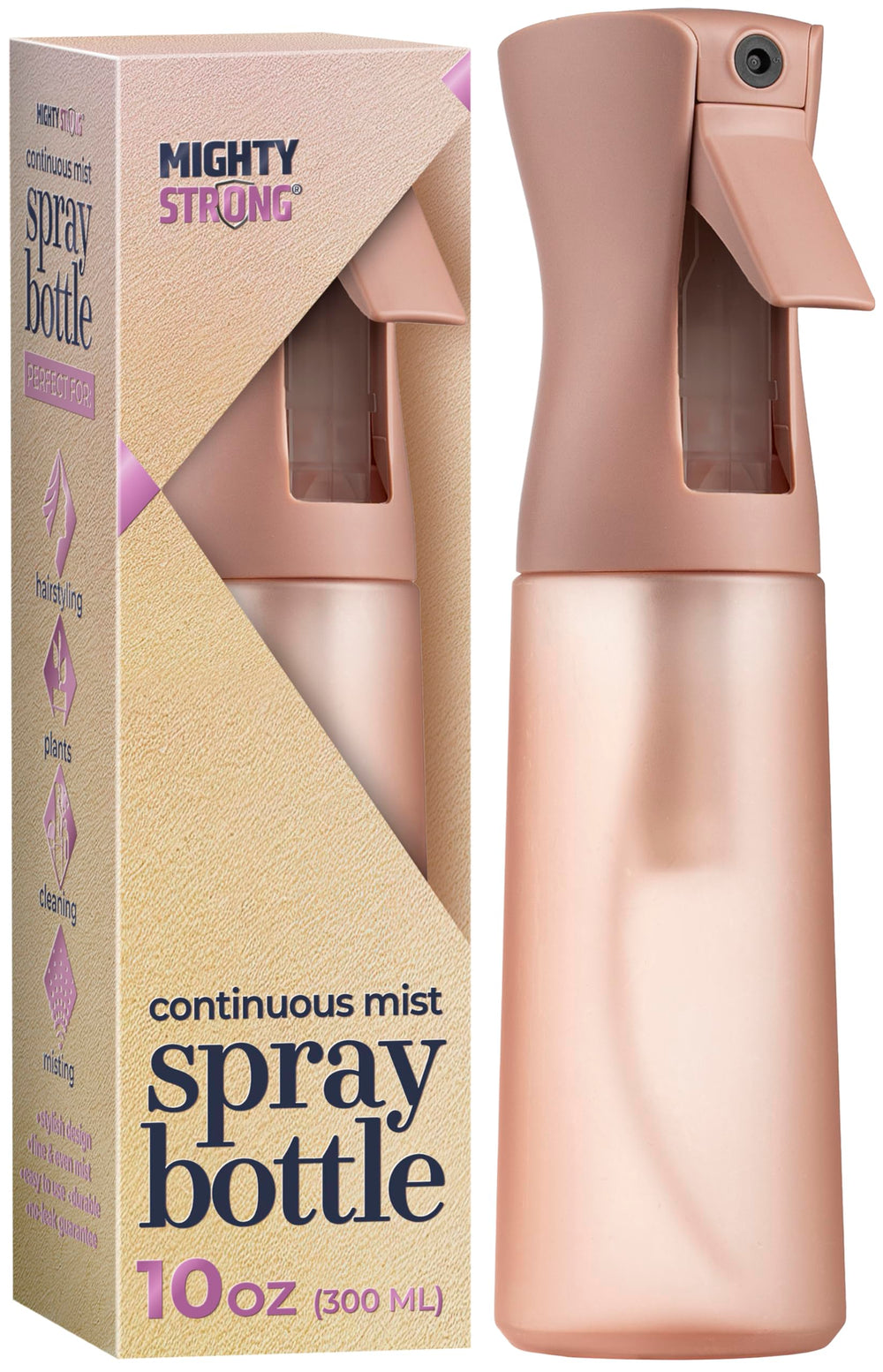 Bouteille MIGHTY STRONG avec pulvérisation continue pour cheveux, brume homogène.