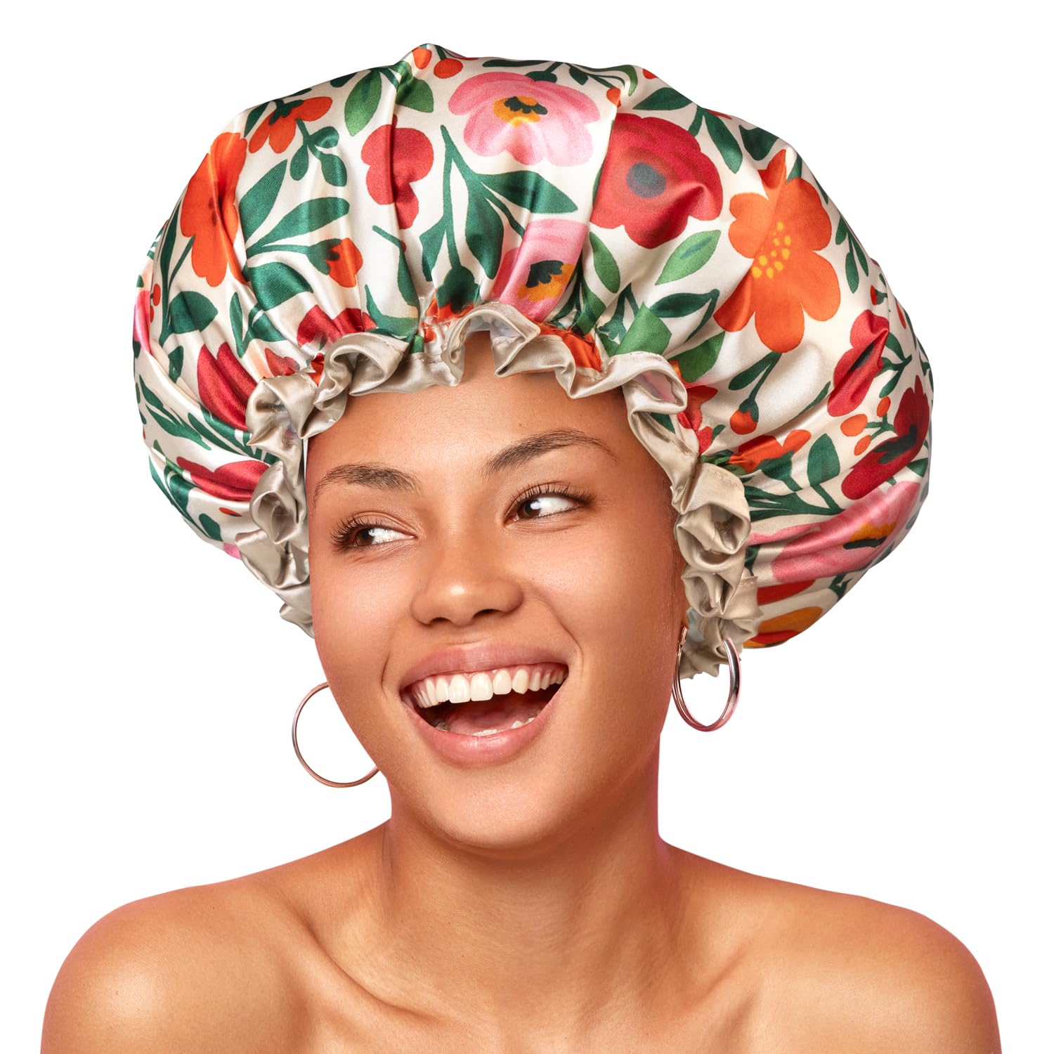 Bonnet de douche mikimini très-large imprimé floral, protège les cheveux tout en style.