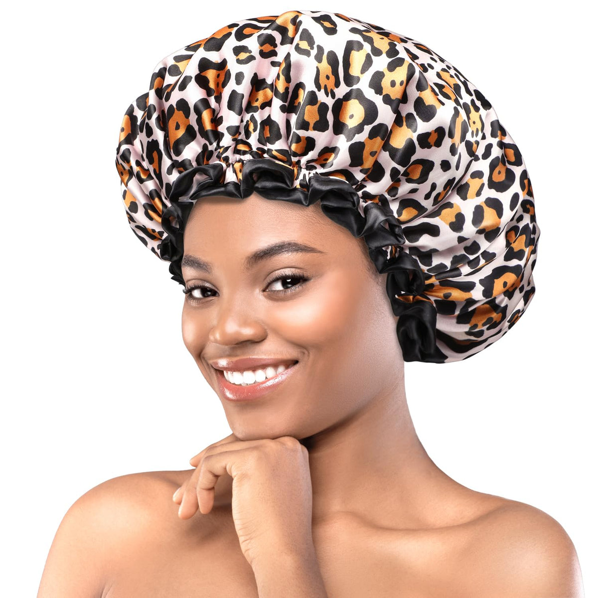 Bonnet mikimini Léopard avec dentelle noire, protège les cheveux sous la douche.