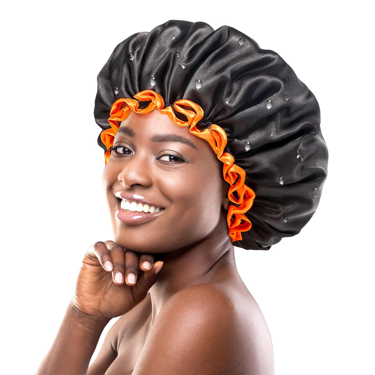 mikimini bonnet de douche xl noir avec bord orange, idéal pour cheveux longs et volumineux.