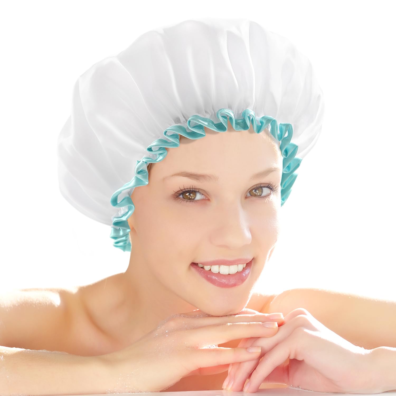 Chapeau de douche mikimini blanc pour longs cheveux protège contre l'eau.