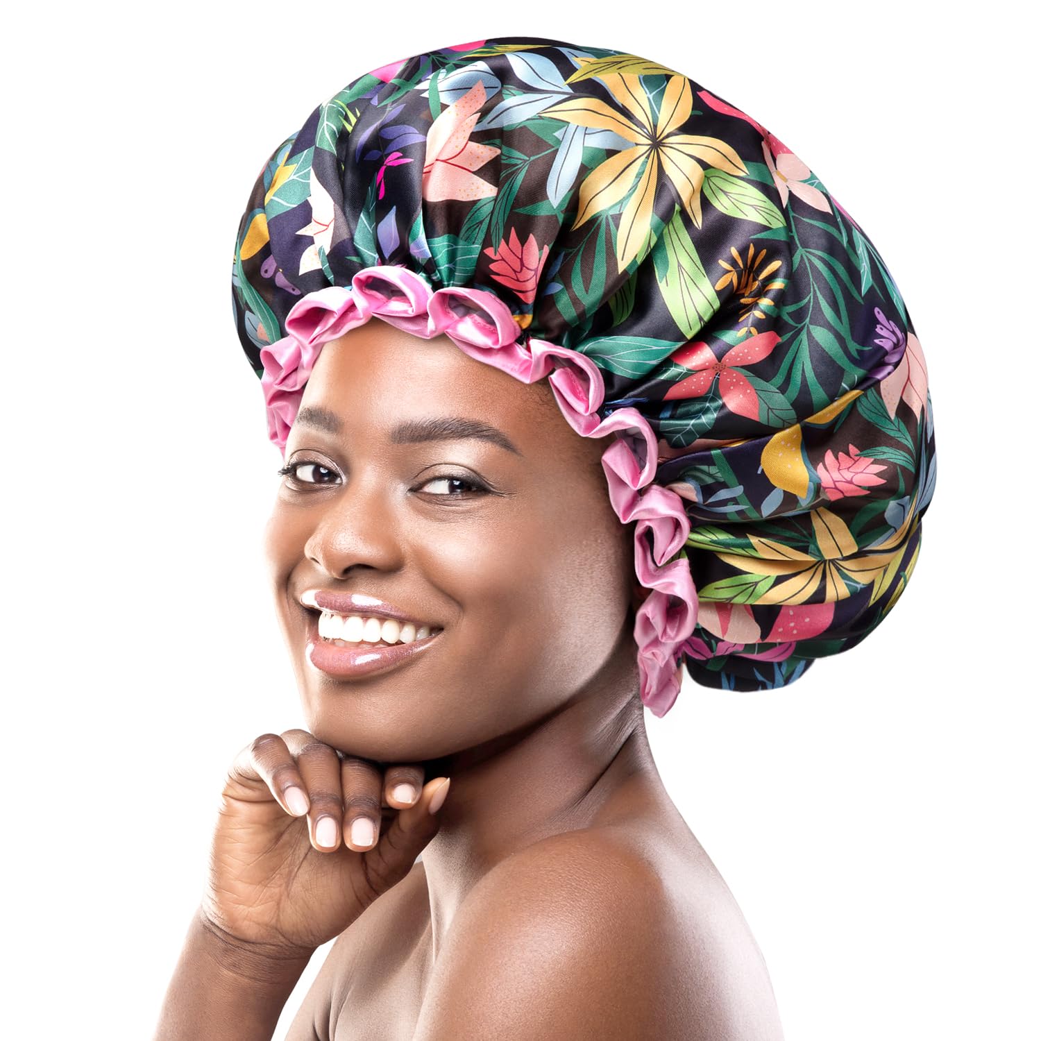 Mikimini cap-douche fleurs foret-tropicale : protège les cheveux et ajoute une touche florale.