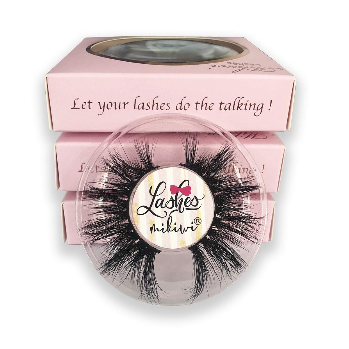 Mikiwi cils mink 3D D384-3 dans sa boîte, regard glamour prêt.