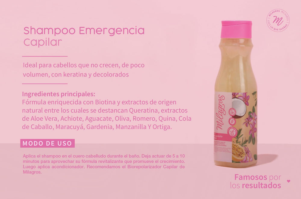 Milagros Shampoing Urgence Capillaire : étiquette claire, ingrédients naturels mis en avant.